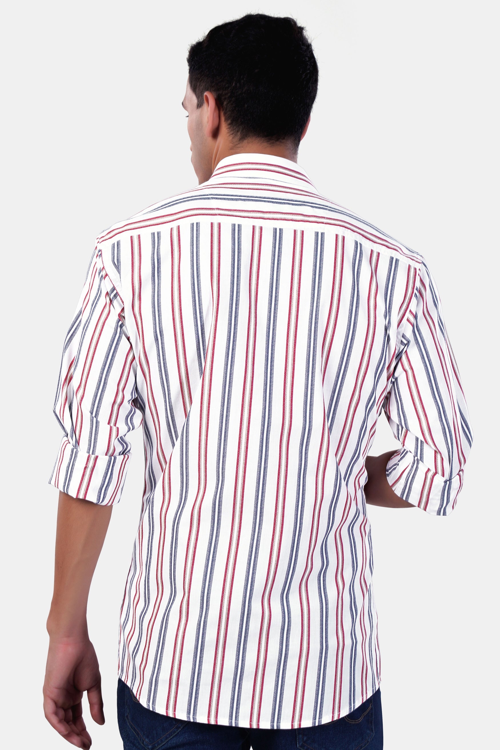 7swords-Bright White and Maple Red Multicolour Striped Premium Cotton Shirt