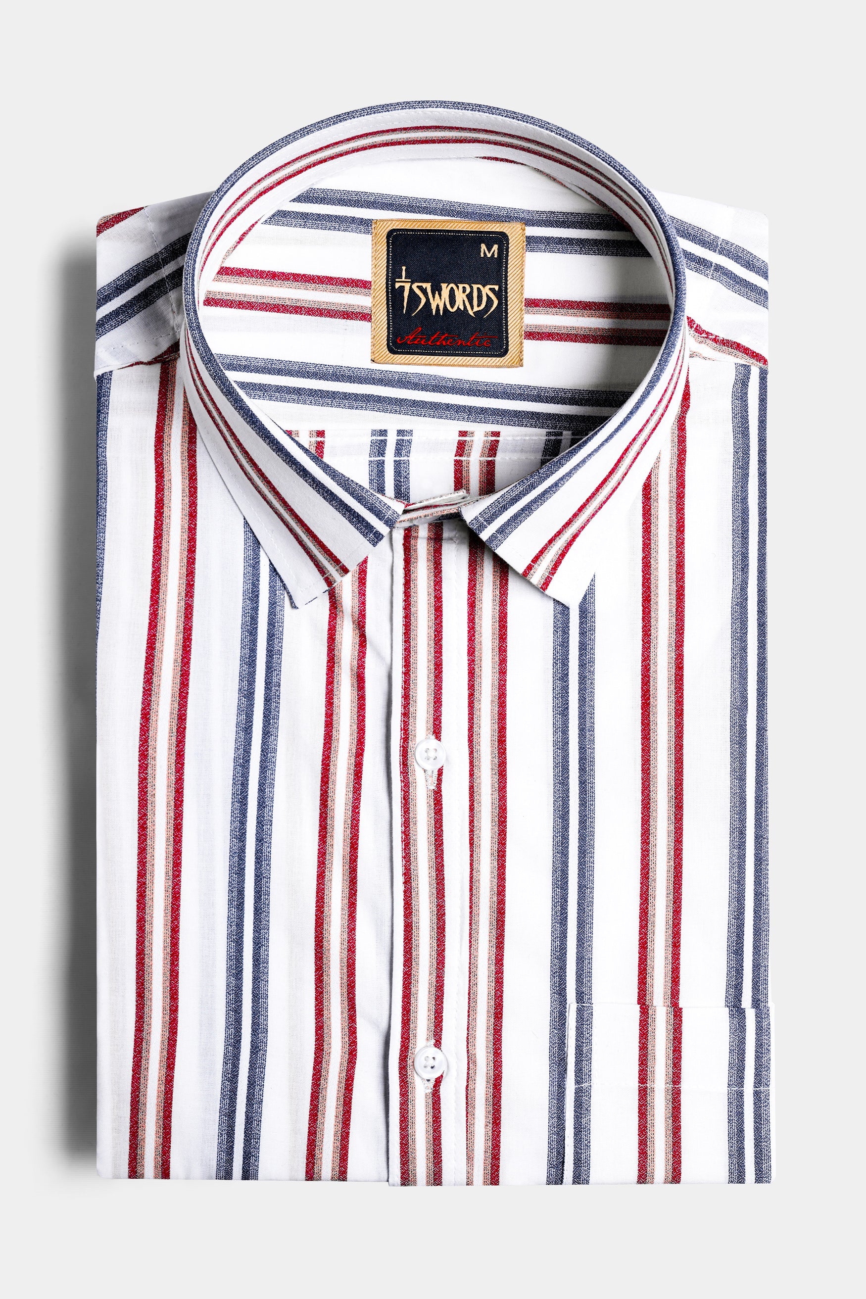 7swords-Bright White and Maple Red Multicolour Striped Premium Cotton Shirt