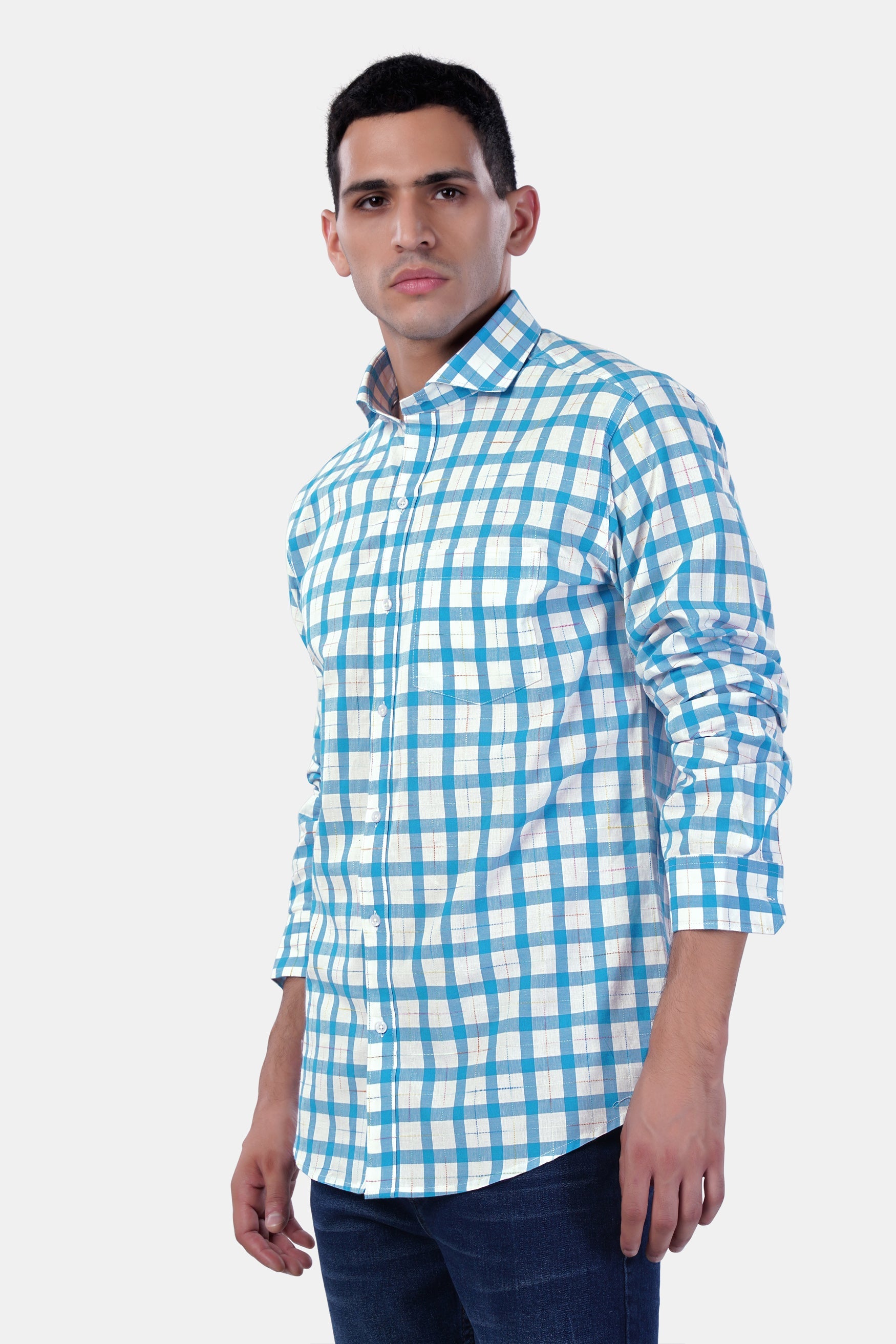 7swords-Picton Blue and White Plaid Premium Cotton Shirt