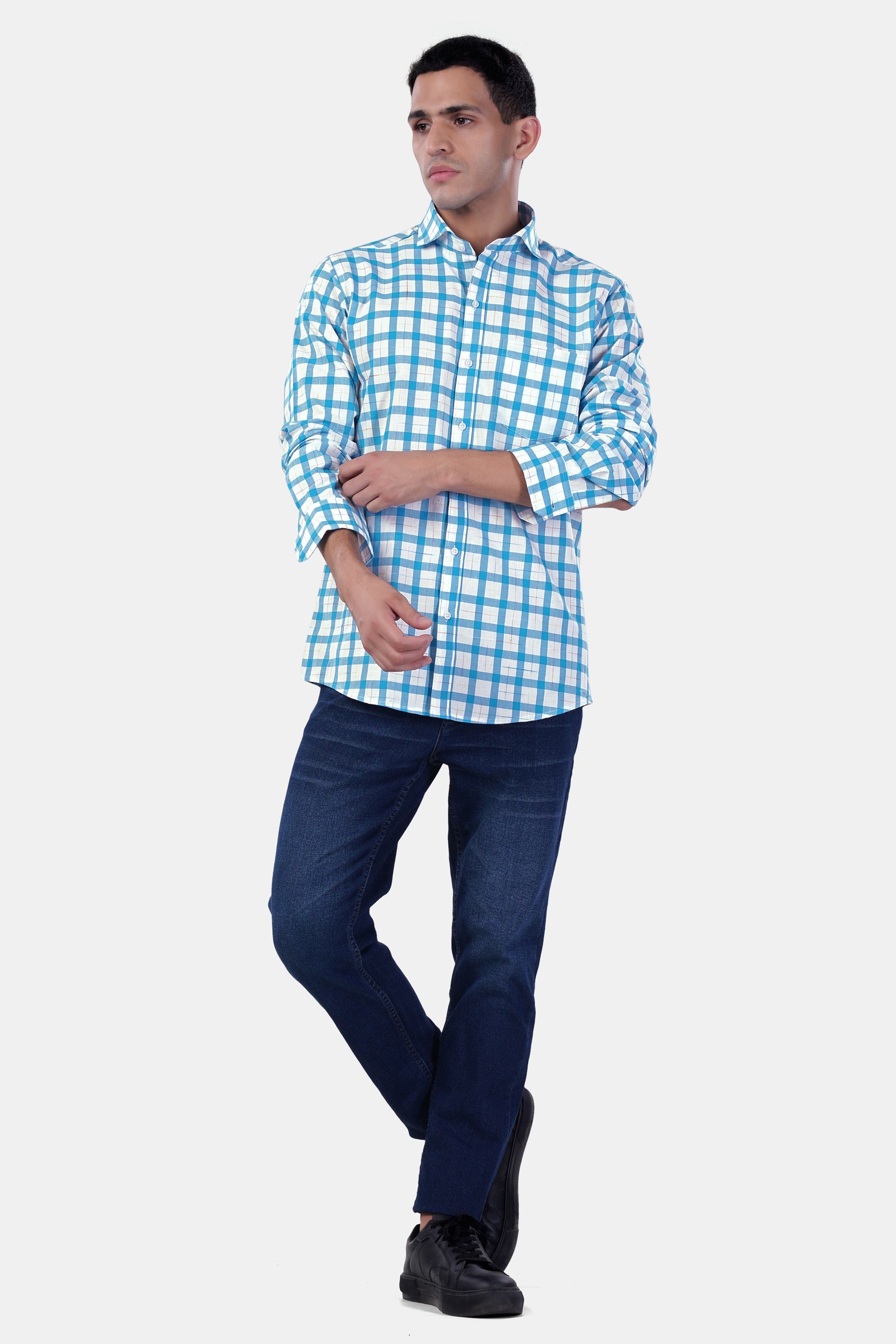 7swords-Picton Blue and White Plaid Premium Cotton Shirt