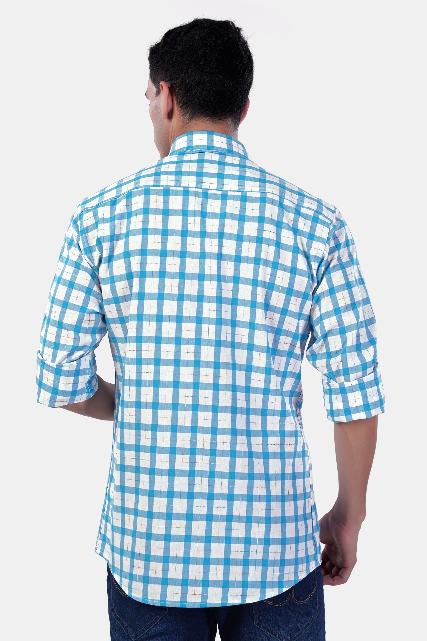 7swords-Picton Blue and White Plaid Premium Cotton Shirt