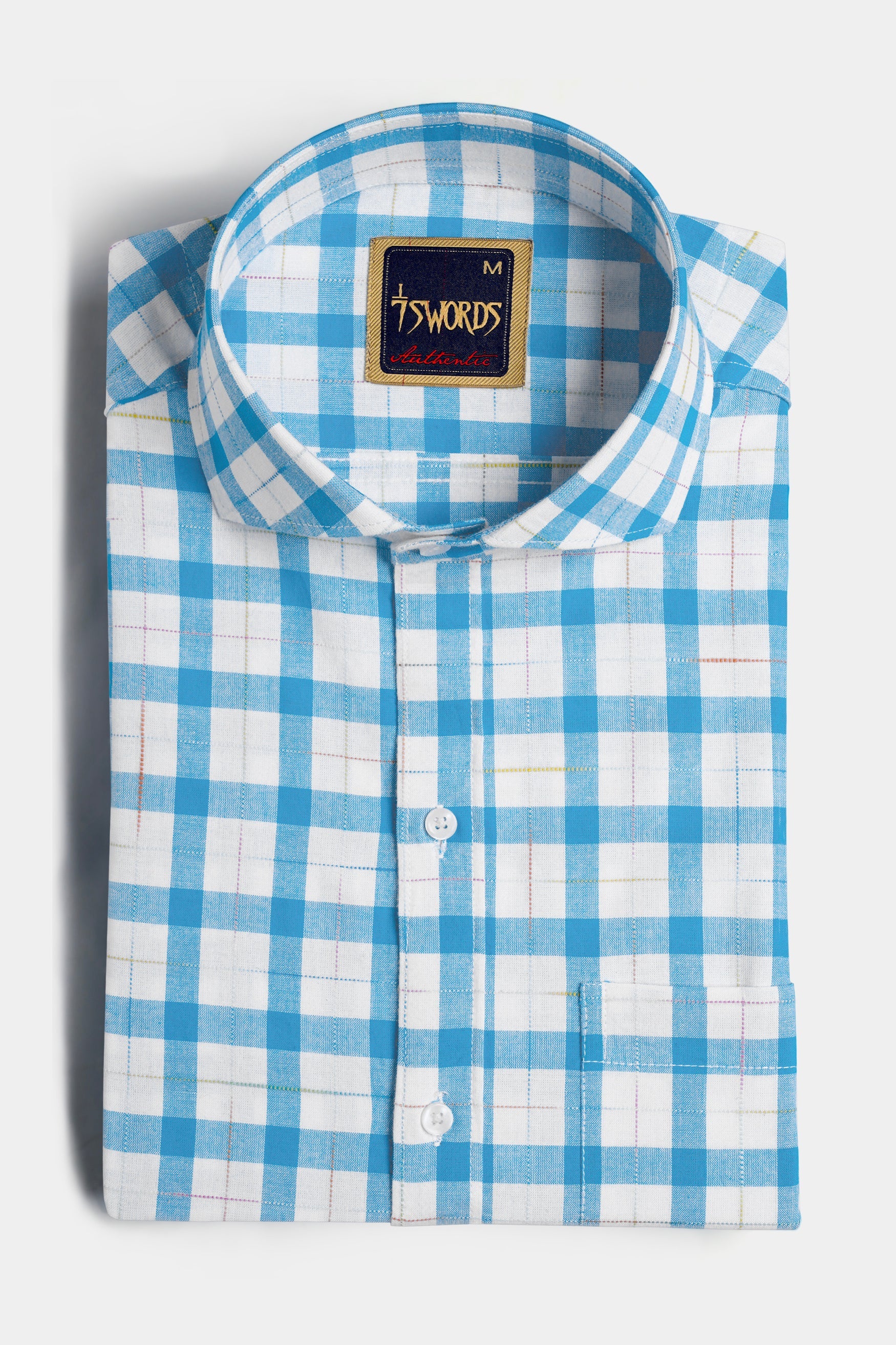 7swords-Picton Blue and White Plaid Premium Cotton Shirt