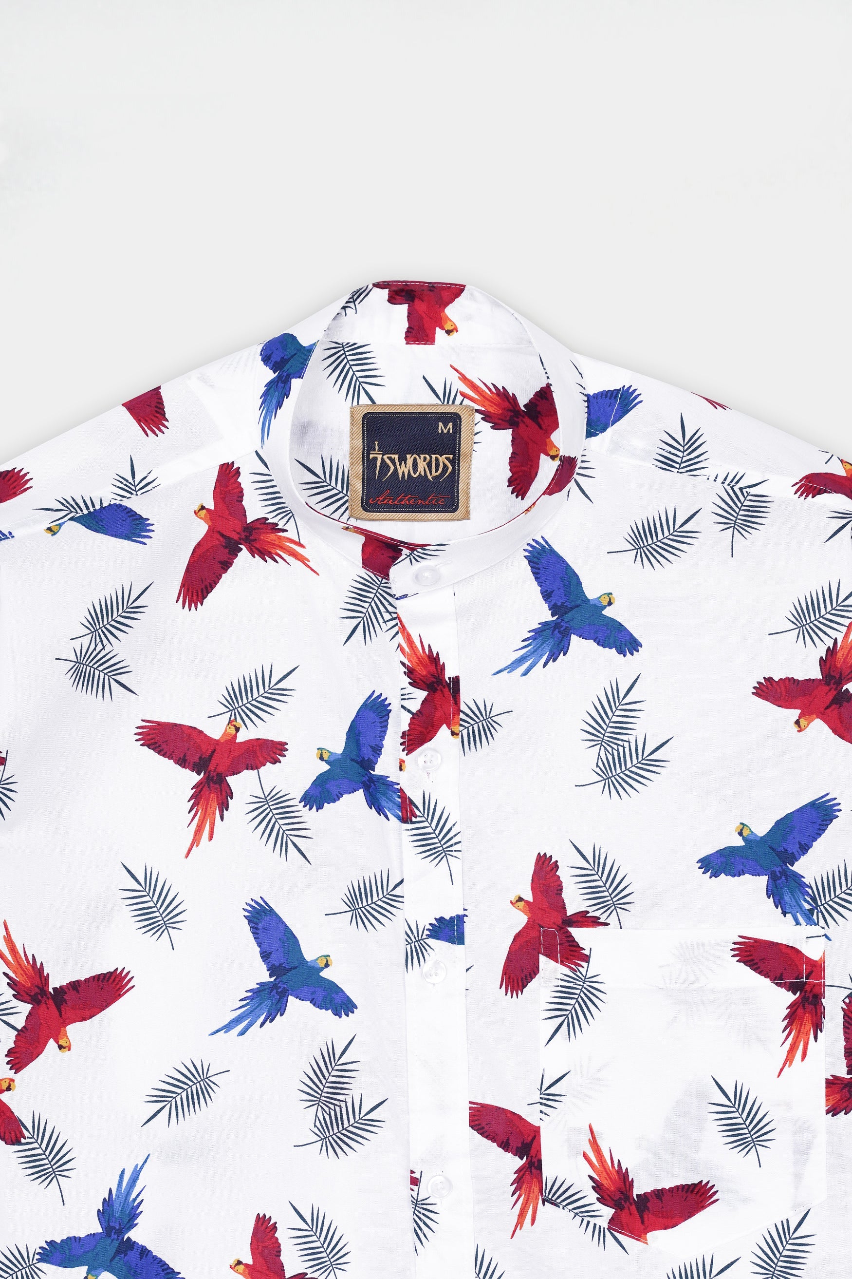 7swords-Bright White with Carmine Red and Cobalt Blue Birds Printed Premium Cotton Shirt