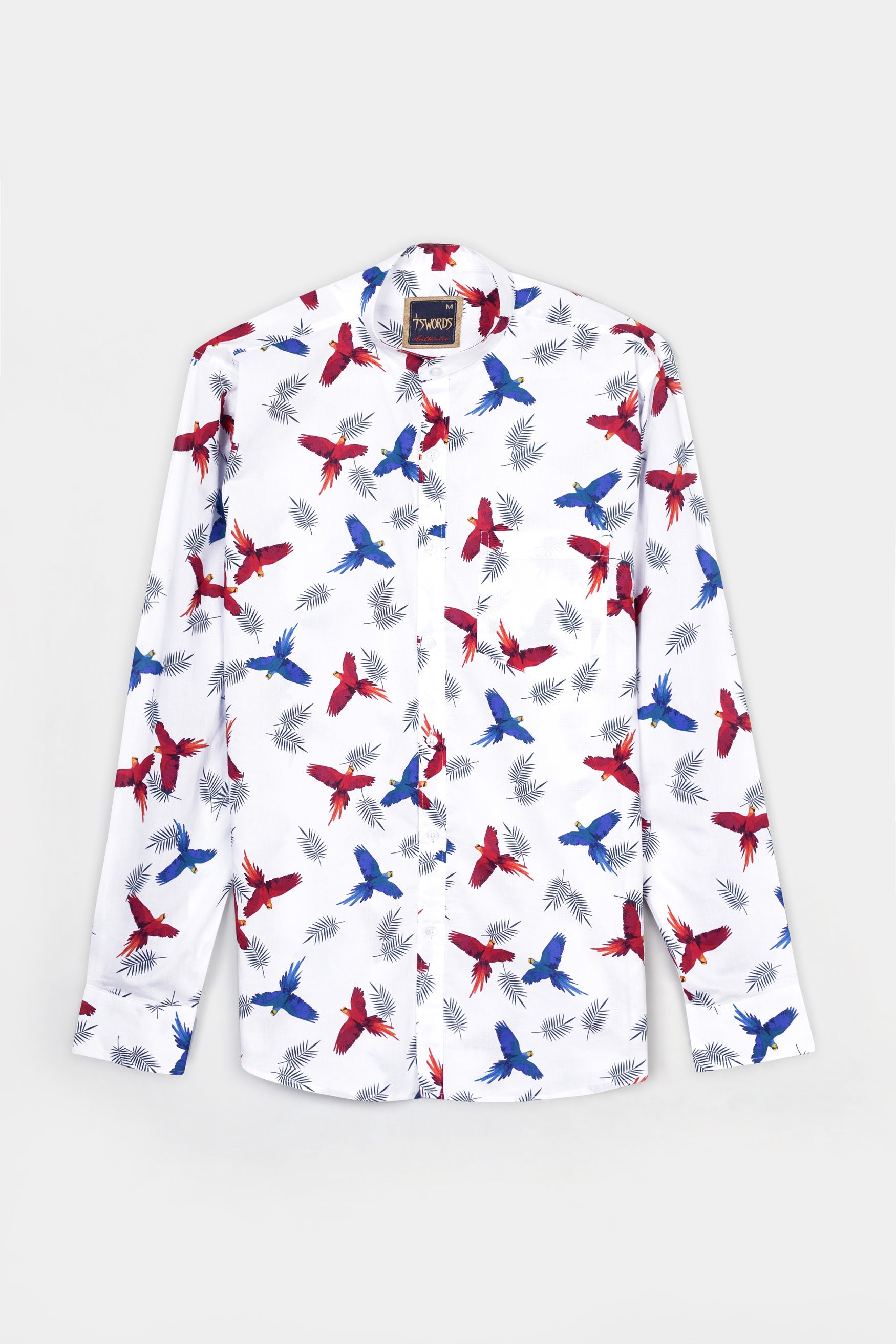 7swords-Bright White with Carmine Red and Cobalt Blue Birds Printed Premium Cotton Shirt