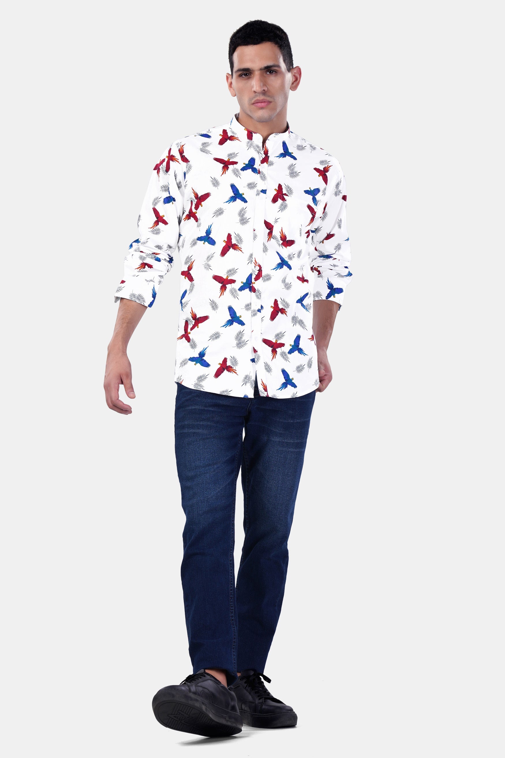 7swords-Bright White with Carmine Red and Cobalt Blue Birds Printed Premium Cotton Shirt