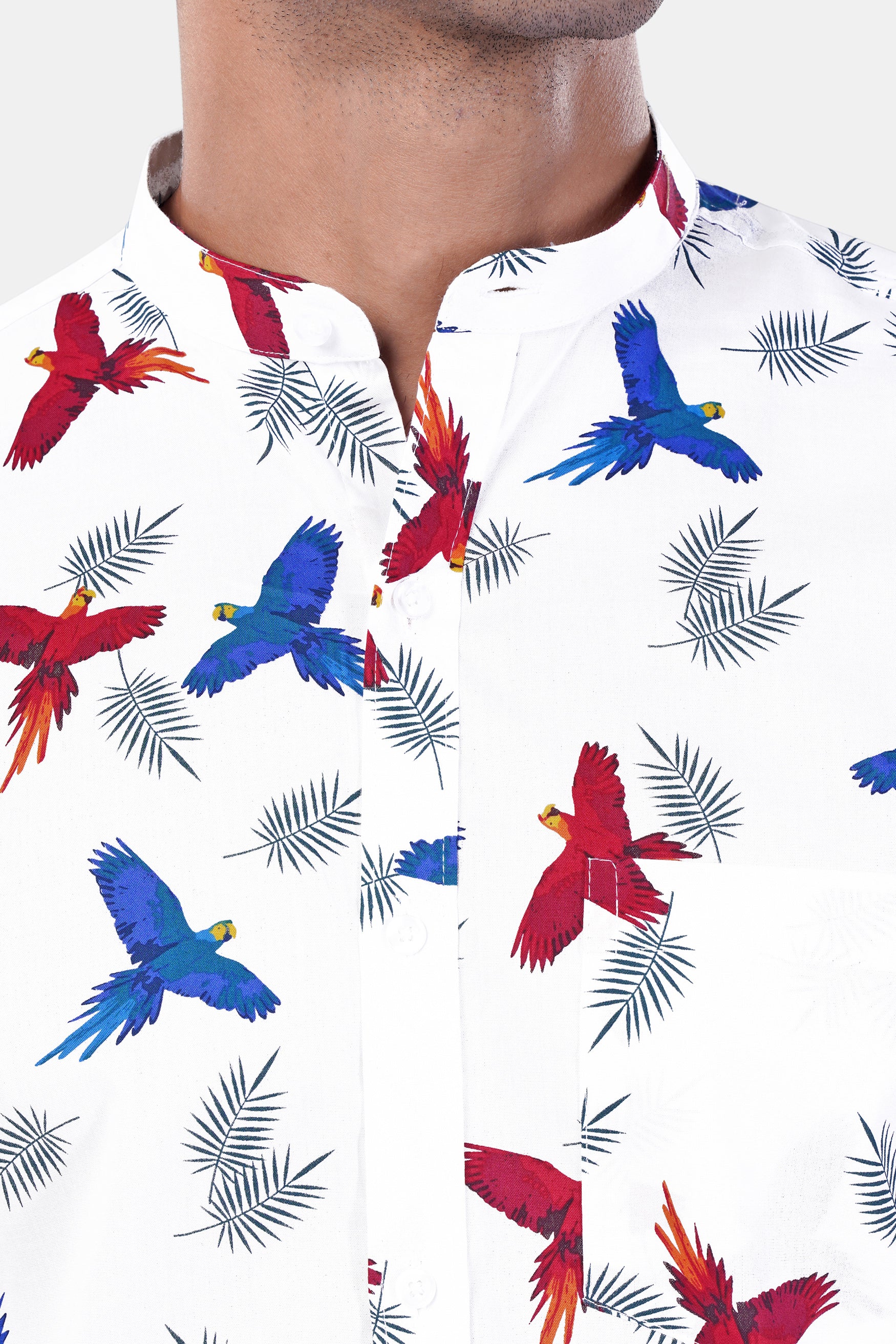 7swords-Bright White with Carmine Red and Cobalt Blue Birds Printed Premium Cotton Shirt