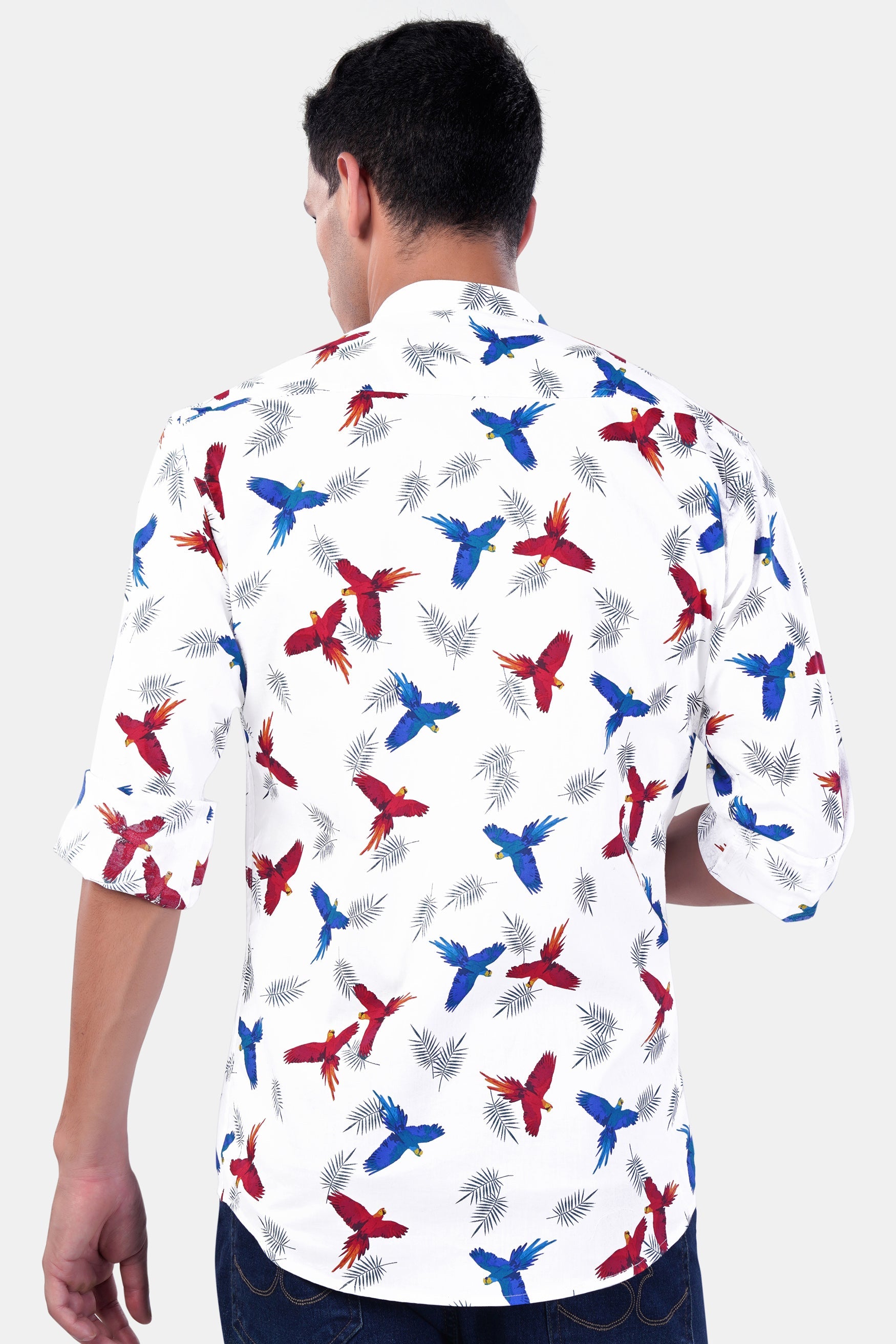 7swords-Bright White with Carmine Red and Cobalt Blue Birds Printed Premium Cotton Shirt