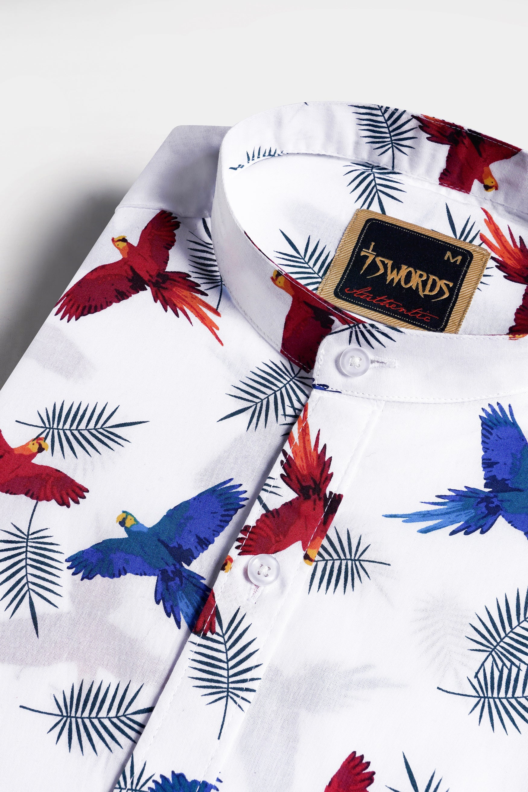 7swords-Bright White with Carmine Red and Cobalt Blue Birds Printed Premium Cotton Shirt