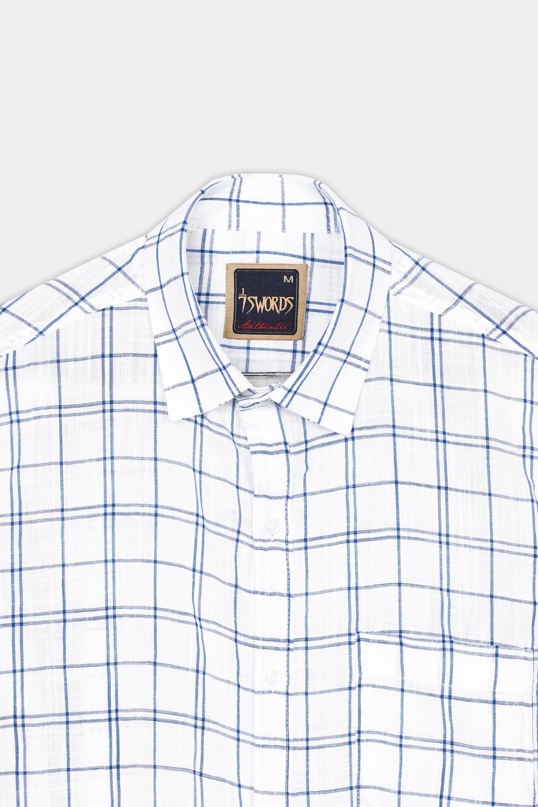 7swords-Bright White and Azure Blue Plaid Premium Cotton Shirt