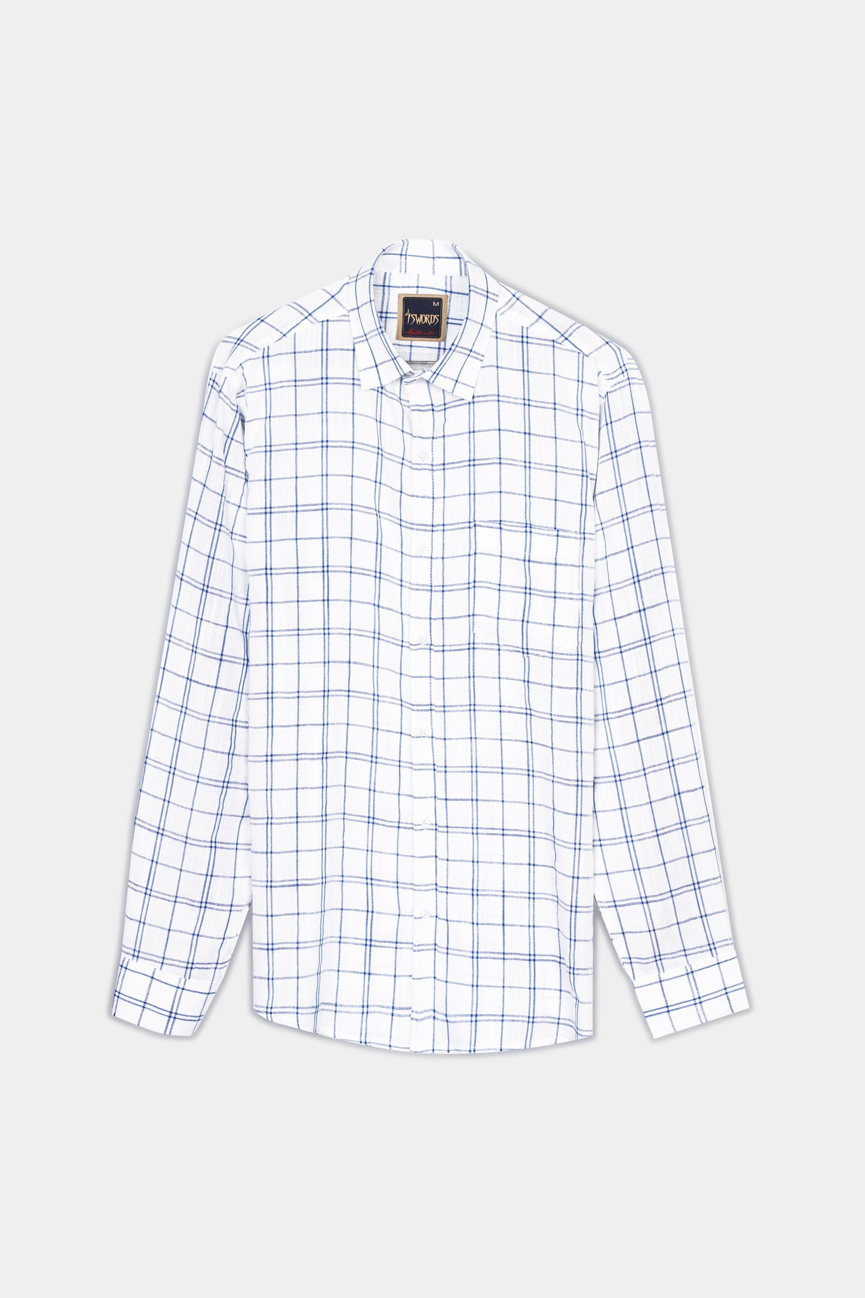 7swords-Bright White and Azure Blue Plaid Premium Cotton Shirt