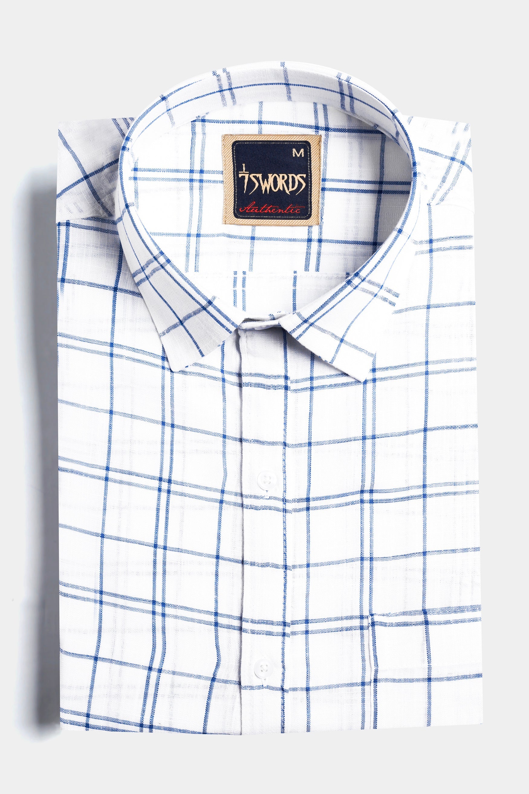 7swords-Bright White and Azure Blue Plaid Premium Cotton Shirt