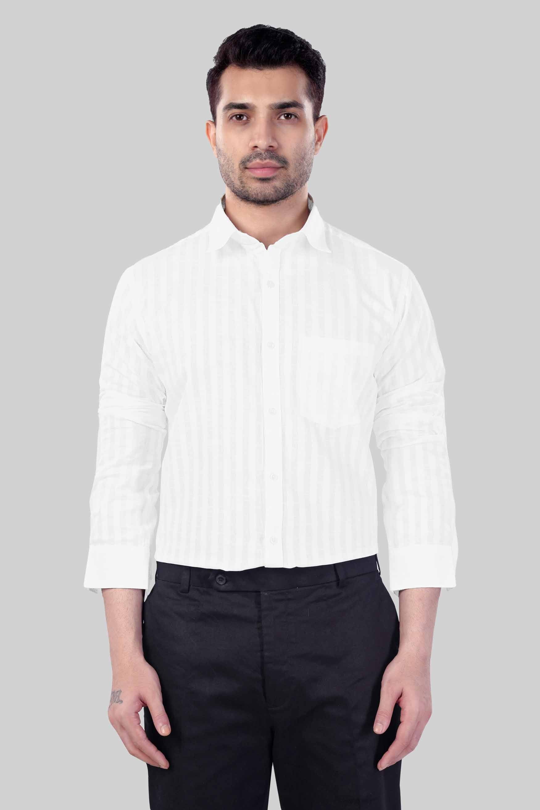 7swords-Bright White Striped Premium Cotton Shirt