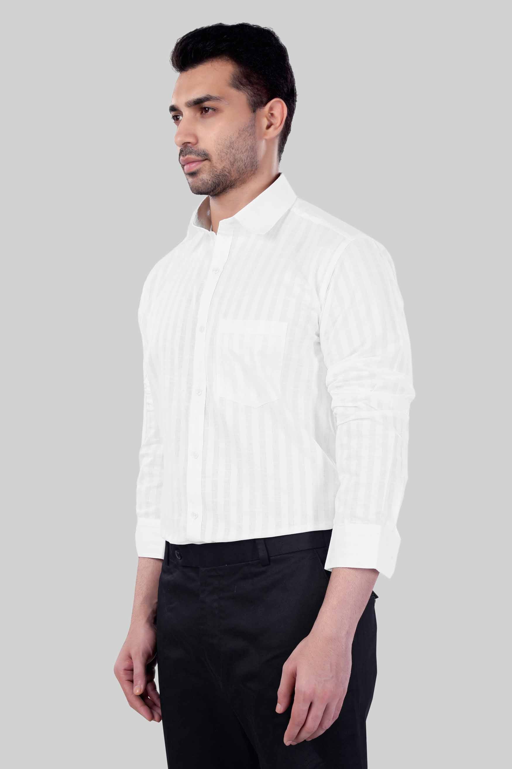 7swords-Bright White Striped Premium Cotton Shirt