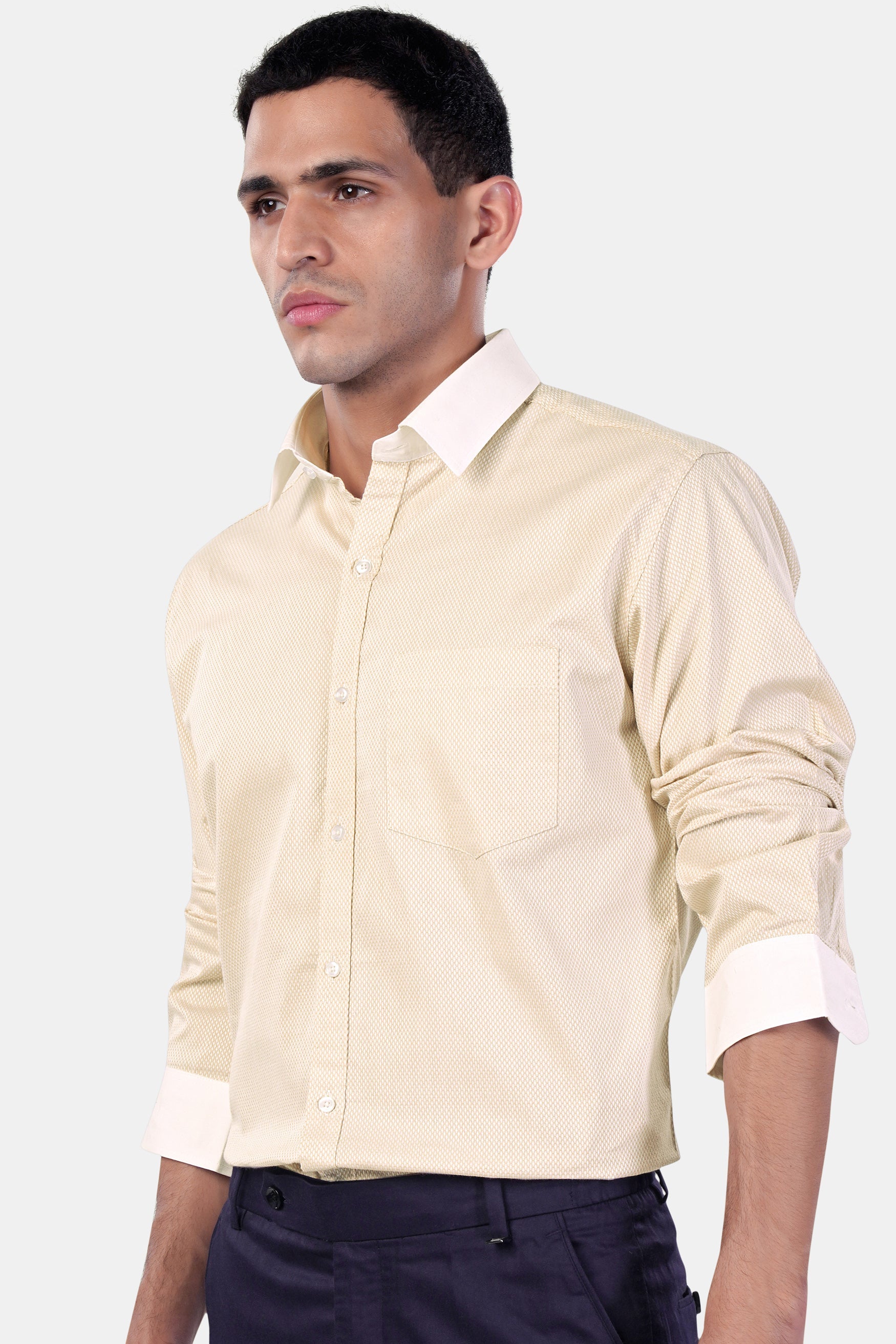 7swords-Desert Beige Premium Cotton Shirt with White Cuffs and Collar