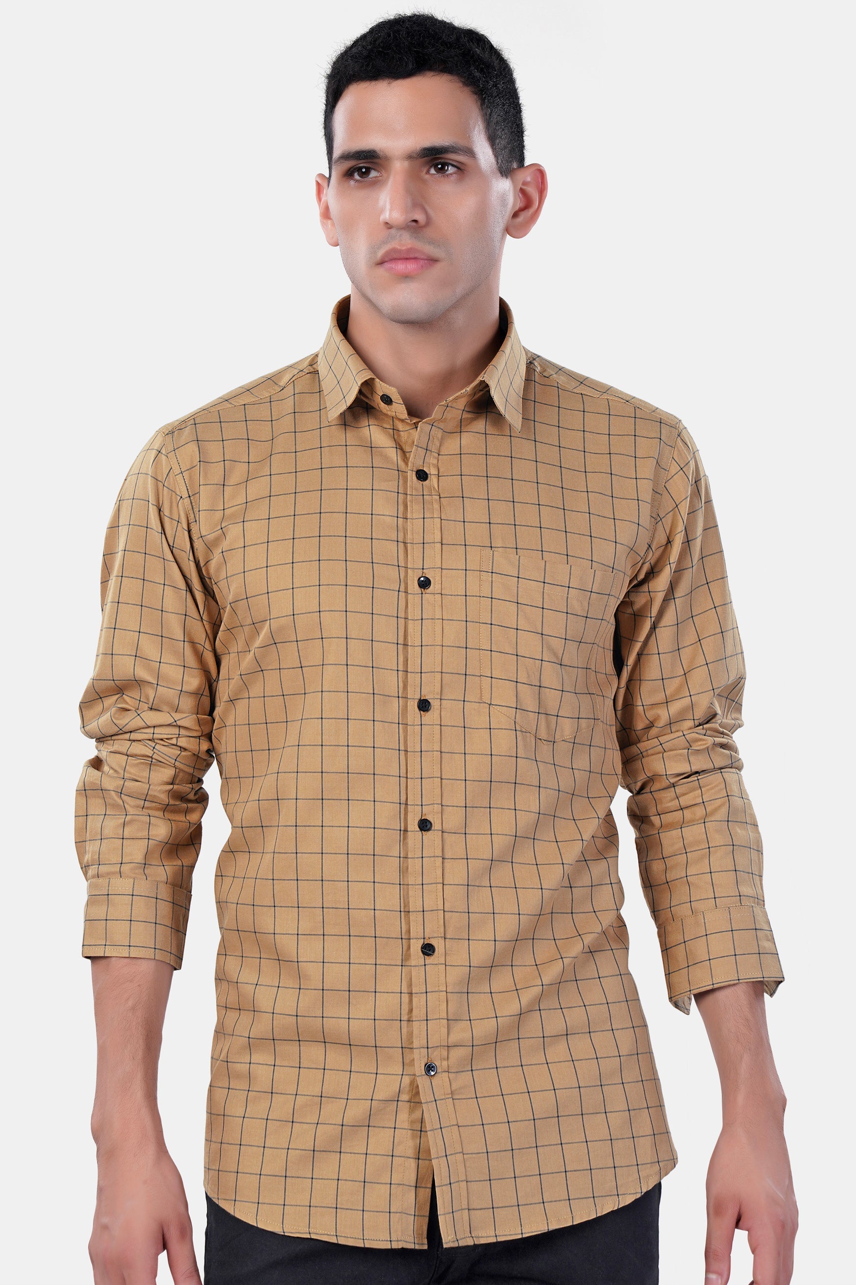 7swords-Tan Brown and Jade Black Windowpane Premium Cotton Shirt