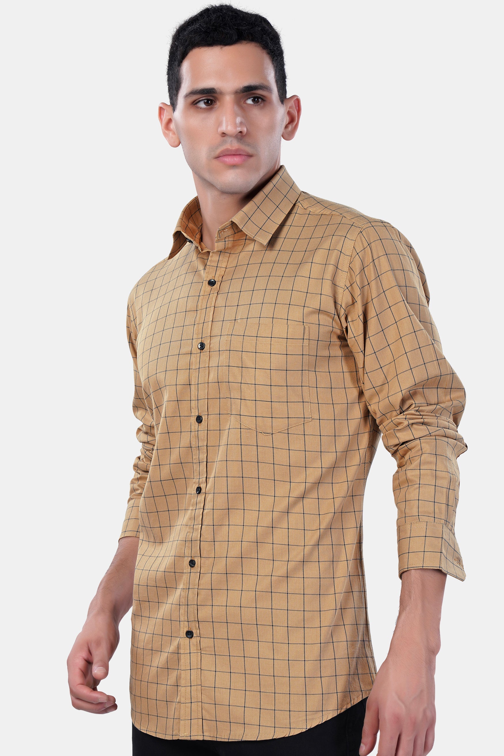 7swords-Tan Brown and Jade Black Windowpane Premium Cotton Shirt