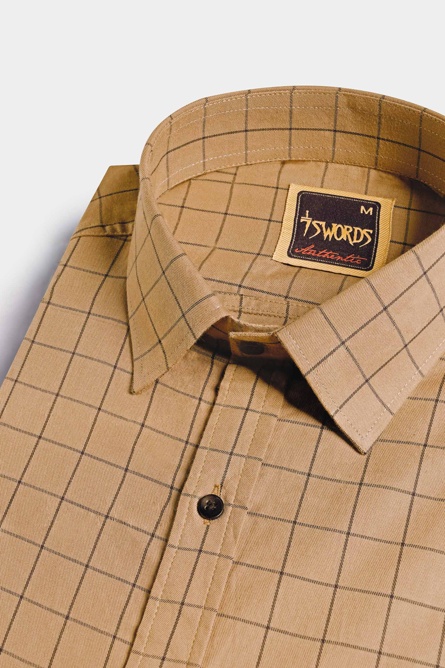 7swords-Tan Brown and Jade Black Windowpane Premium Cotton Shirt