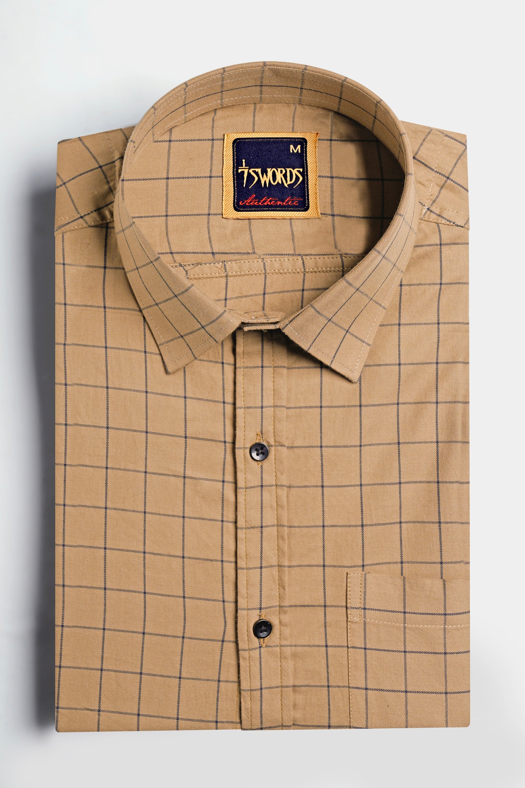 7swords-Tan Brown and Jade Black Windowpane Premium Cotton Shirt