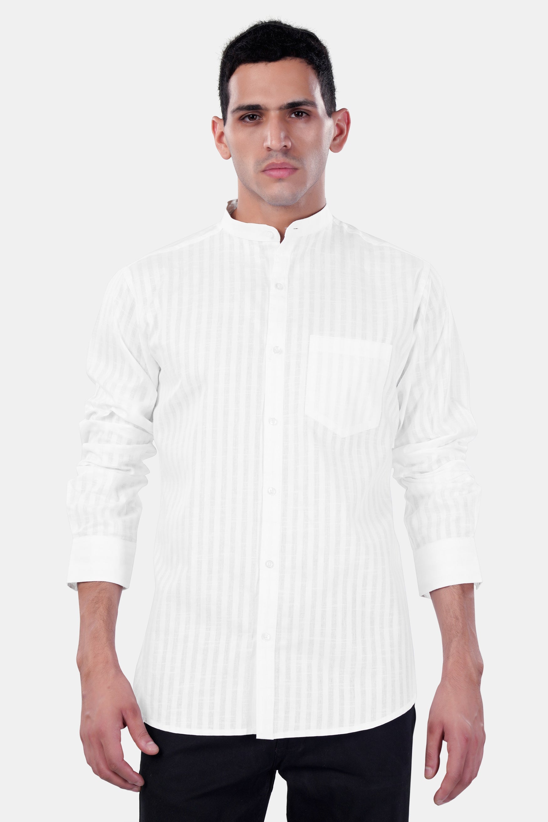 7swords-Bright White Striped Premium Cotton Mandarin Shirt