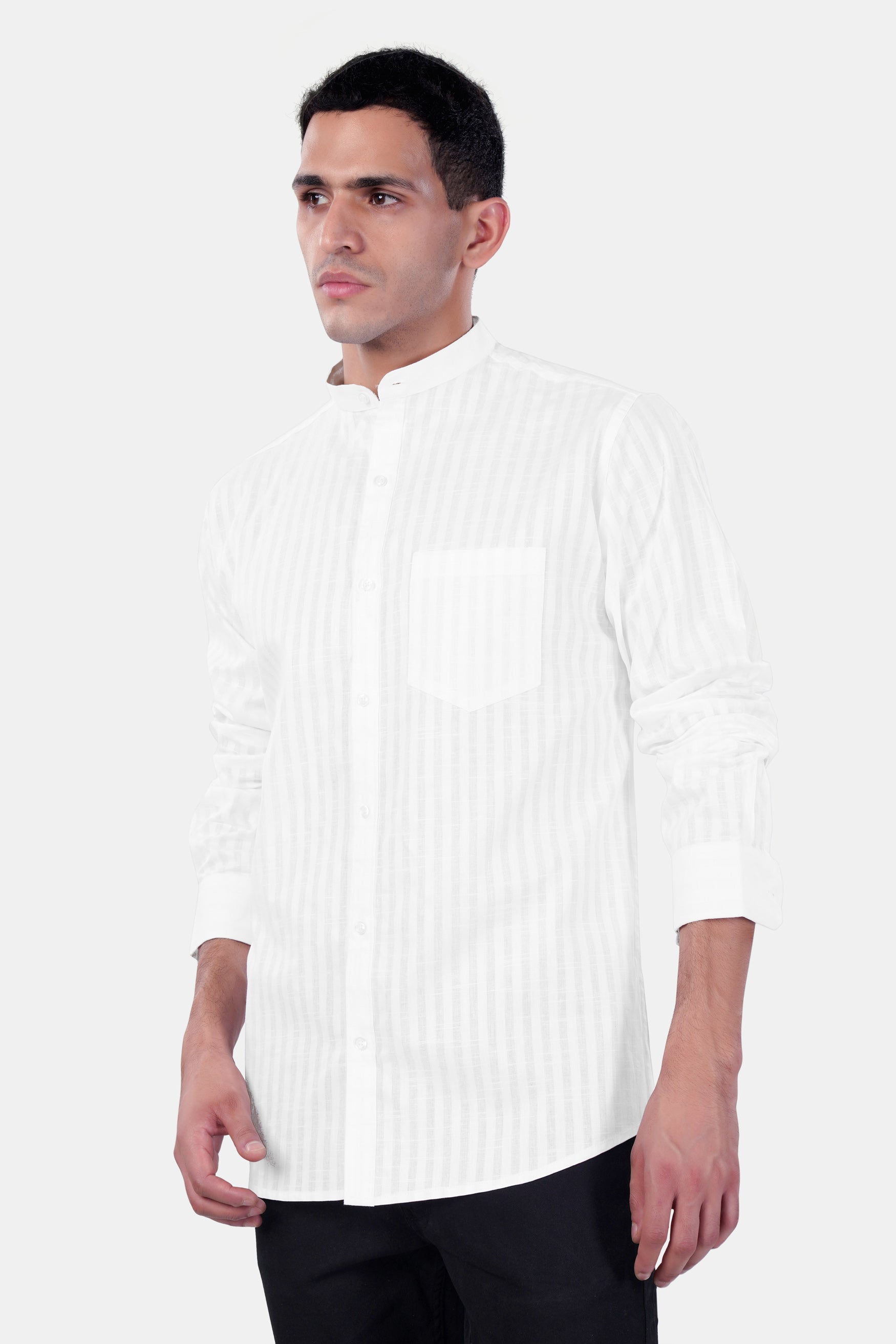 7swords-Bright White Striped Premium Cotton Mandarin Shirt