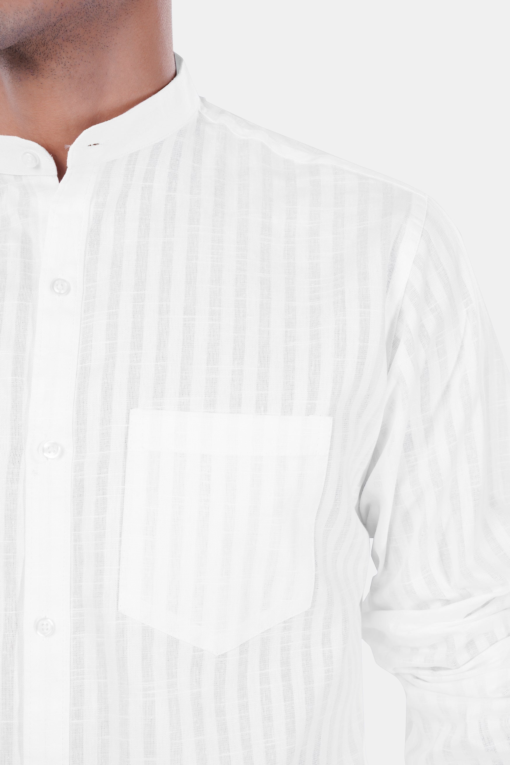 7swords-Bright White Striped Premium Cotton Mandarin Shirt