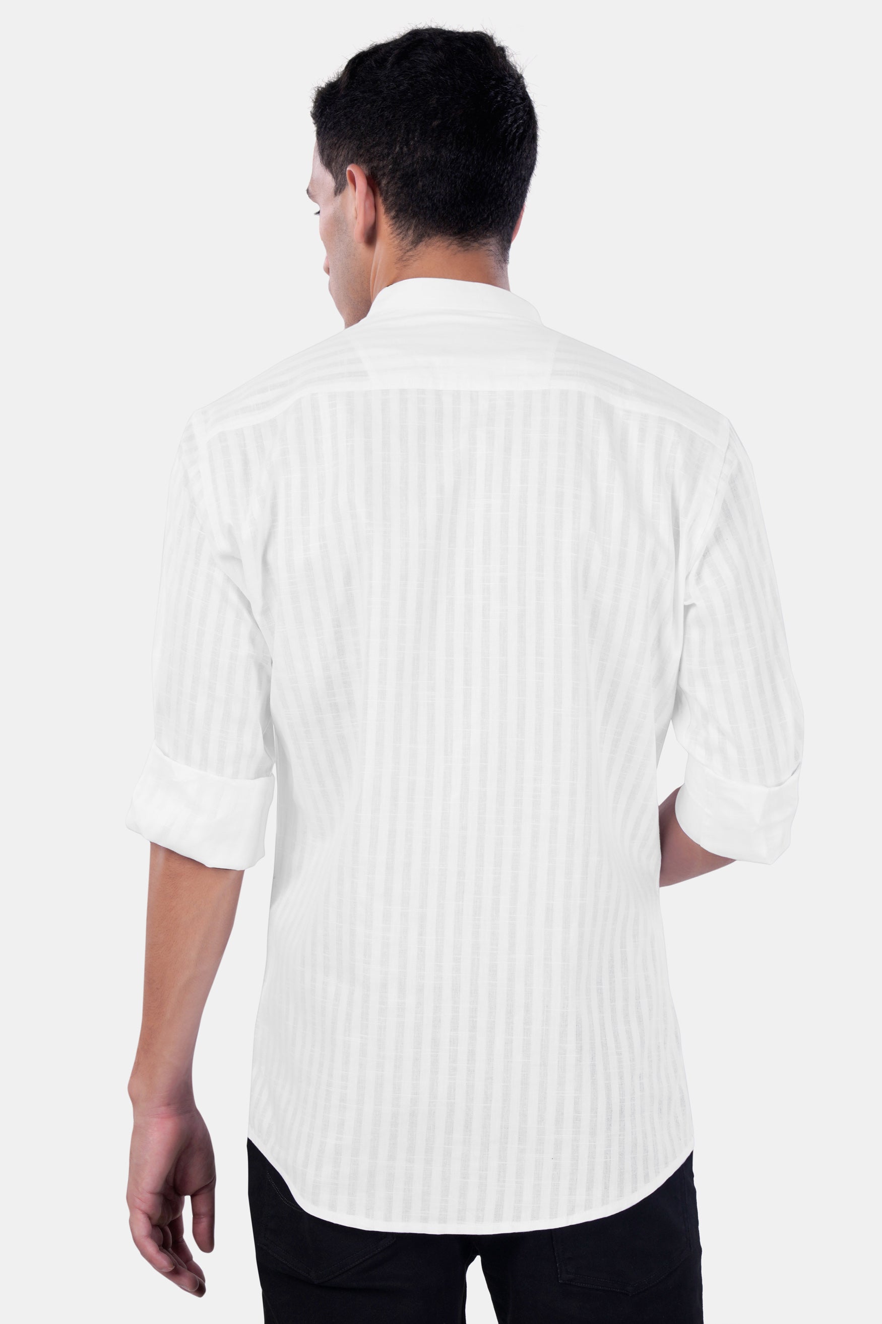 7swords-Bright White Striped Premium Cotton Mandarin Shirt