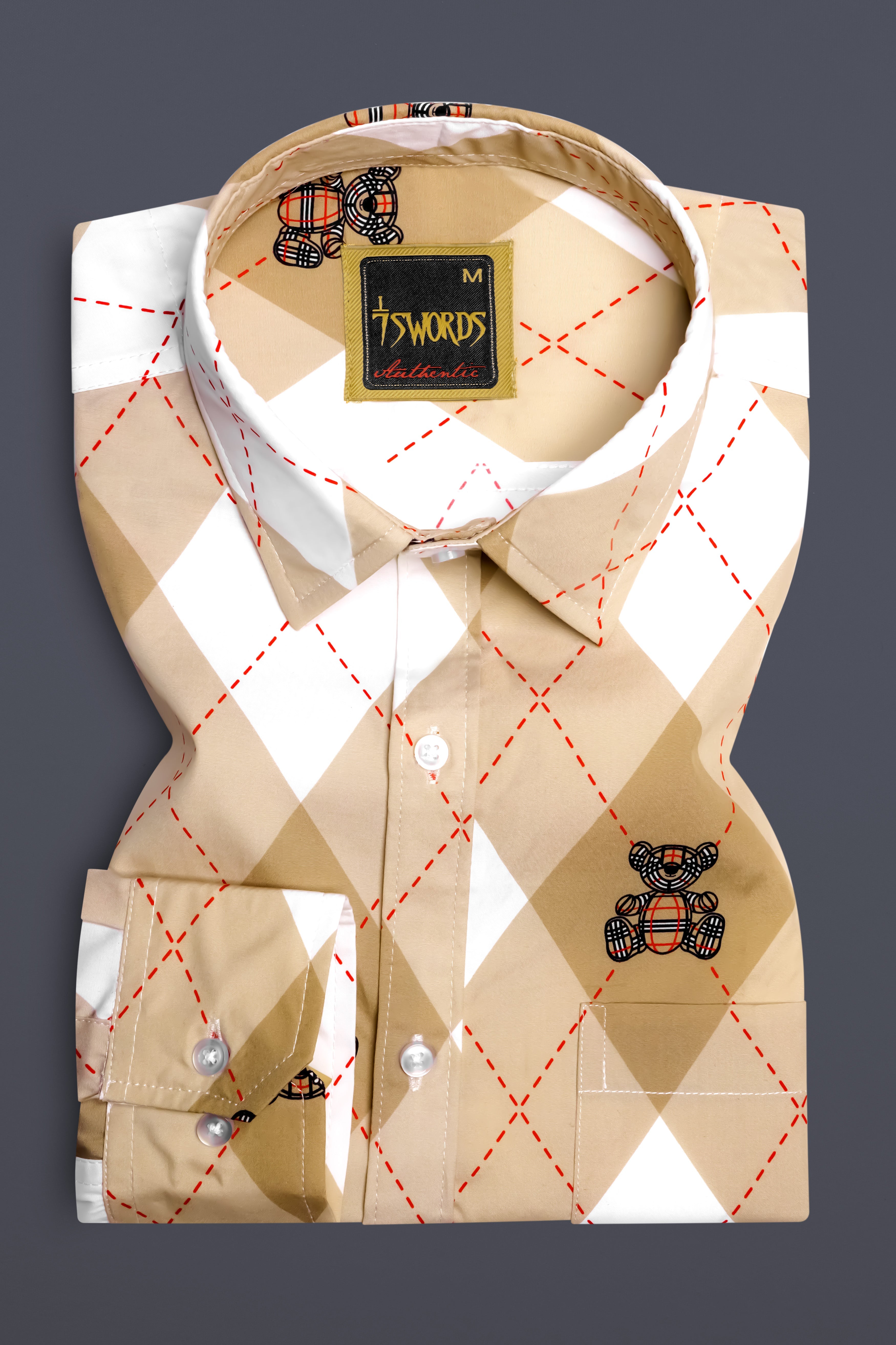 7swords-Manhattan Brown and White Geometric with Teddy Bear Printed Premium Cotton Casual Shirt