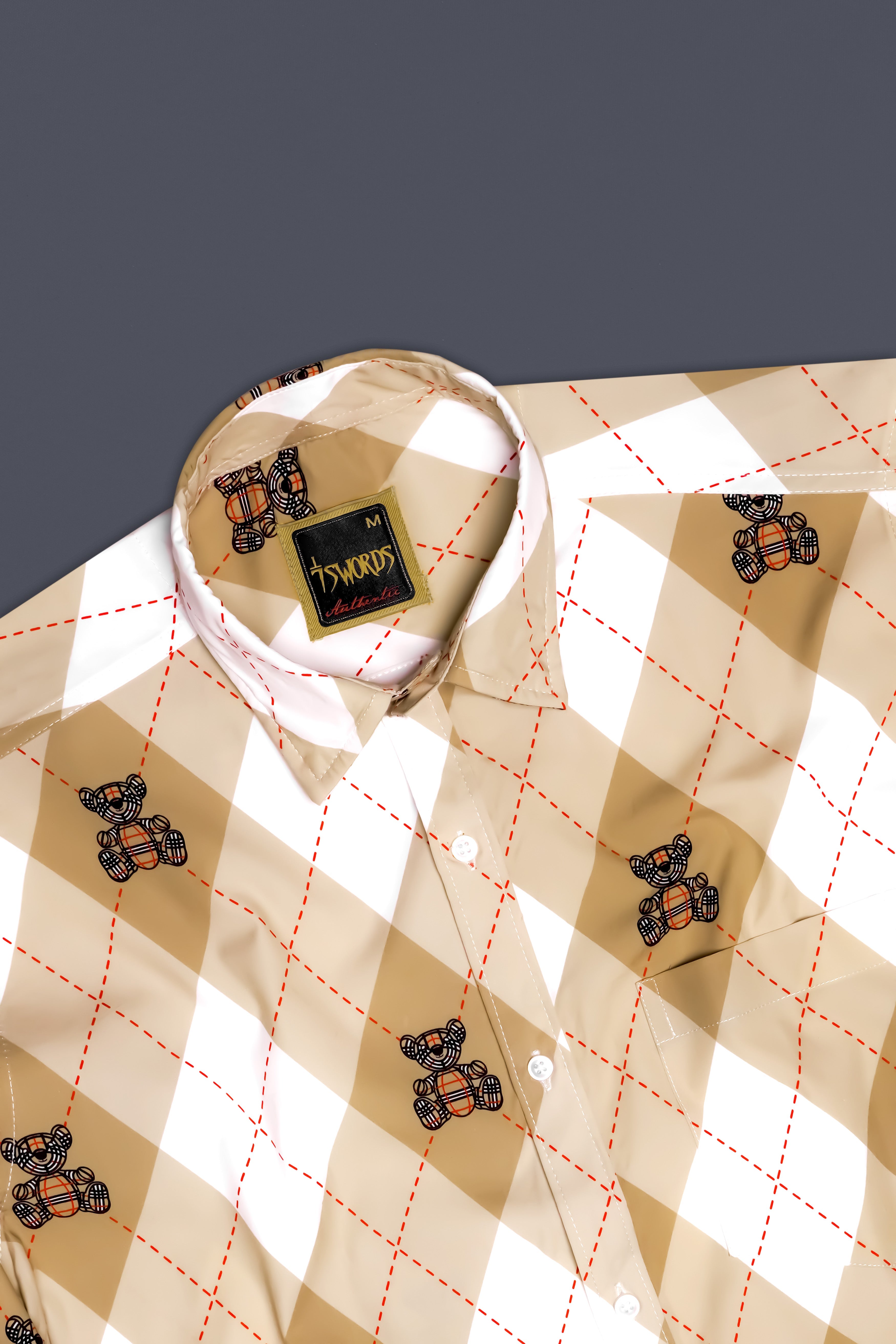 7swords-Manhattan Brown and White Geometric with Teddy Bear Printed Premium Cotton Casual Shirt