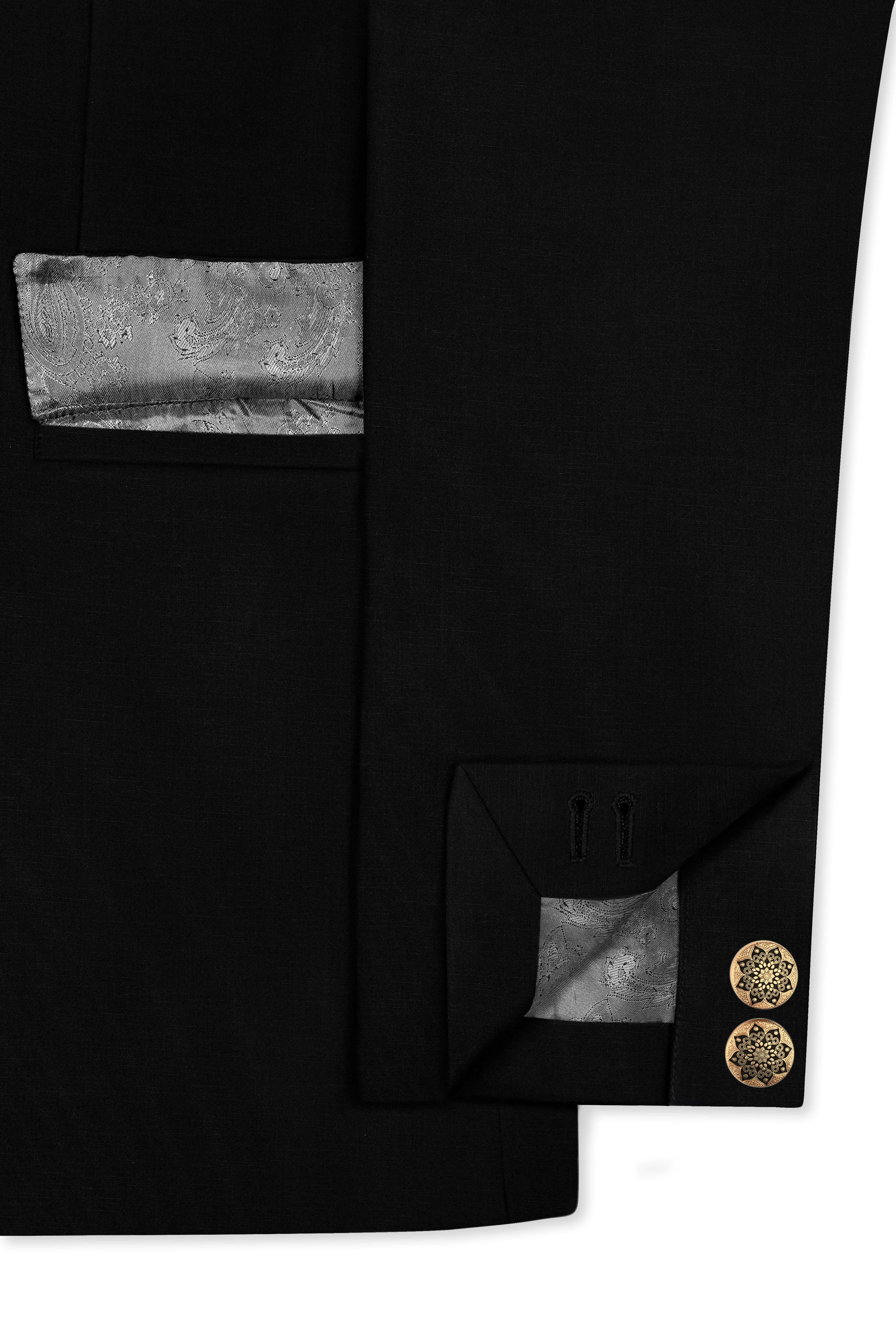 Jade Black Stretchable Subtle Sheen Cross Placket  Double Closure Bandhgala/Mandarin Suit