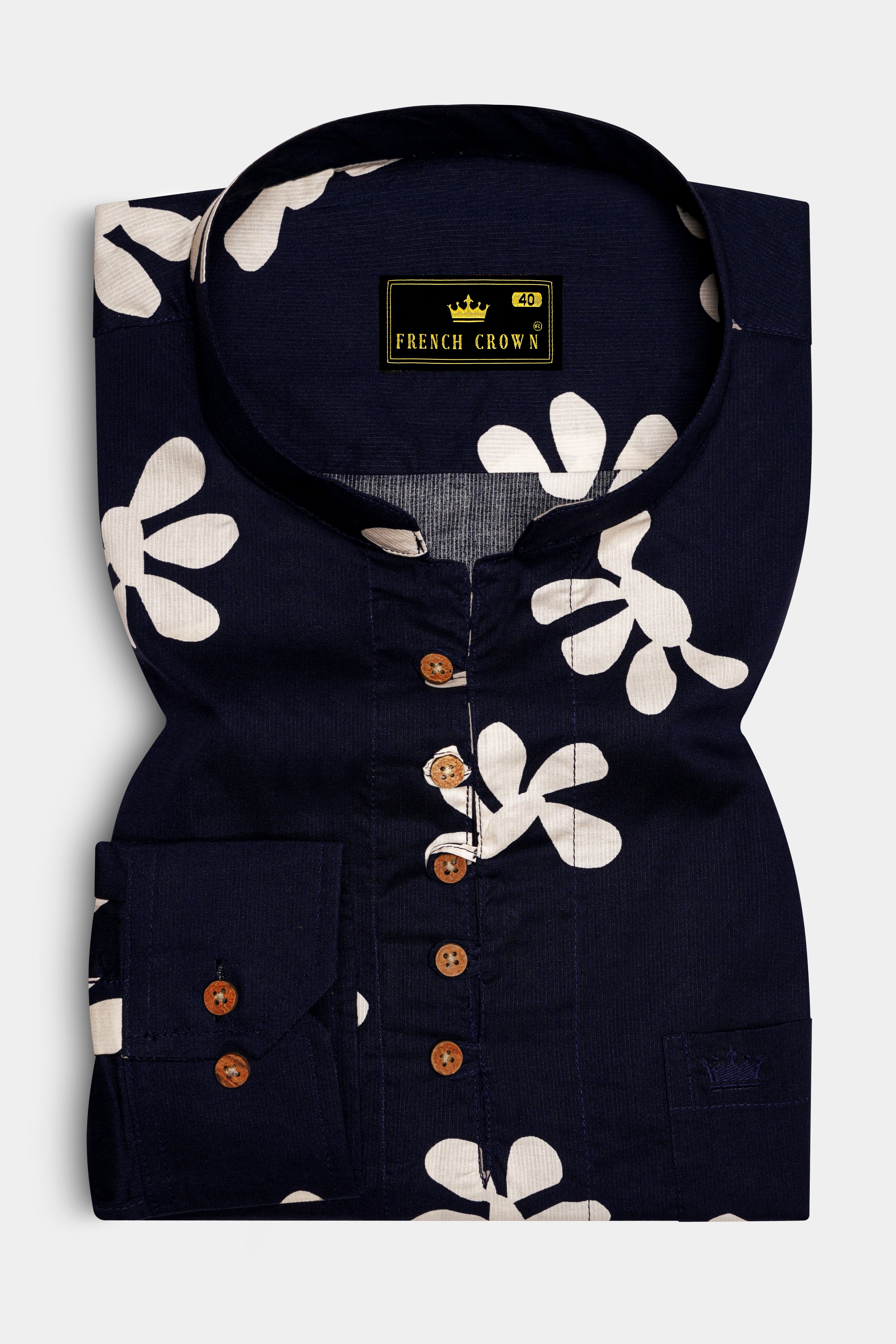 Ebony Clay Blue Floral Printed Dobby Textured Premium Giza Cotton Kurta Shirt