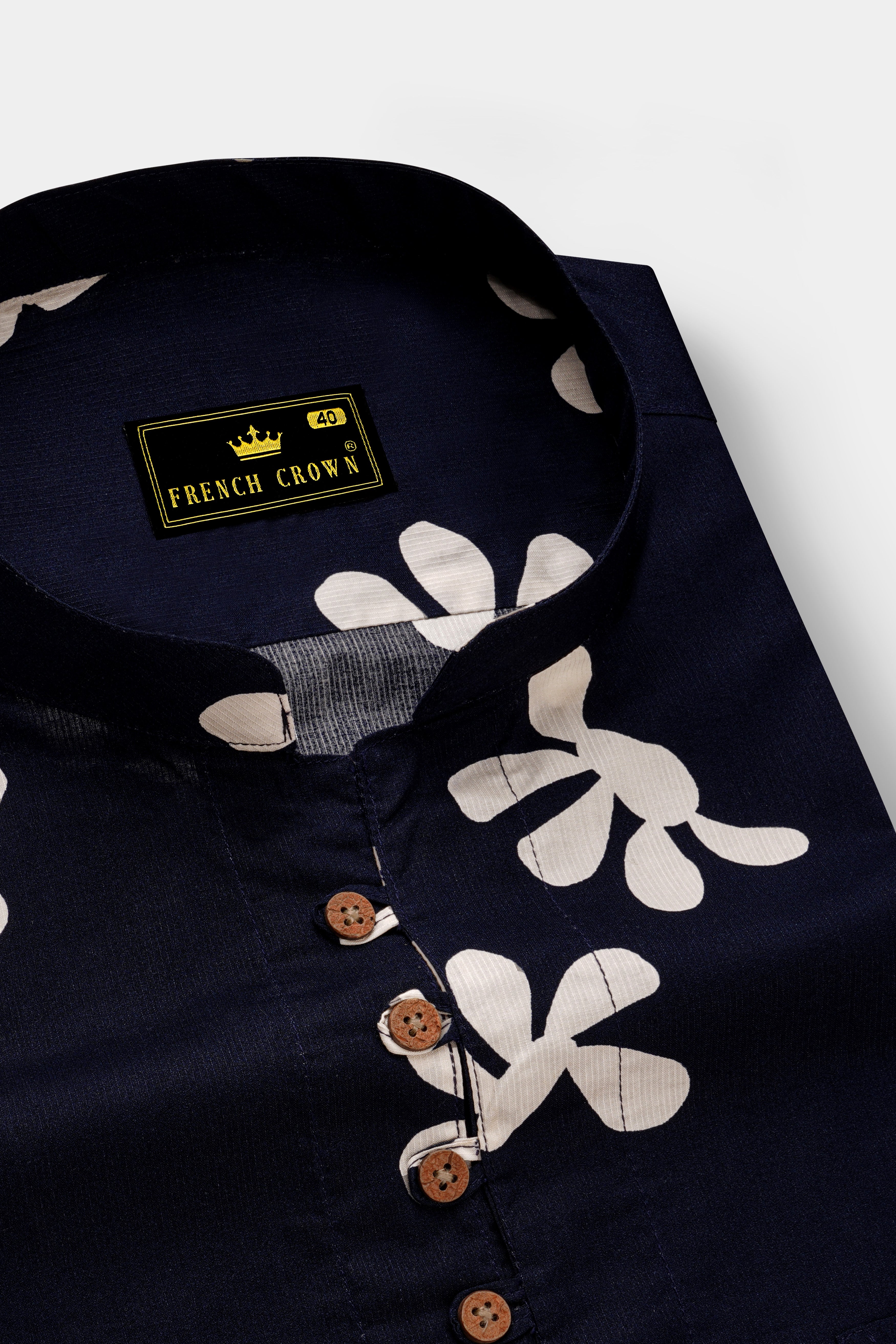 Ebony Clay Blue Floral Printed Dobby Textured Premium Giza Cotton Kurta Shirt