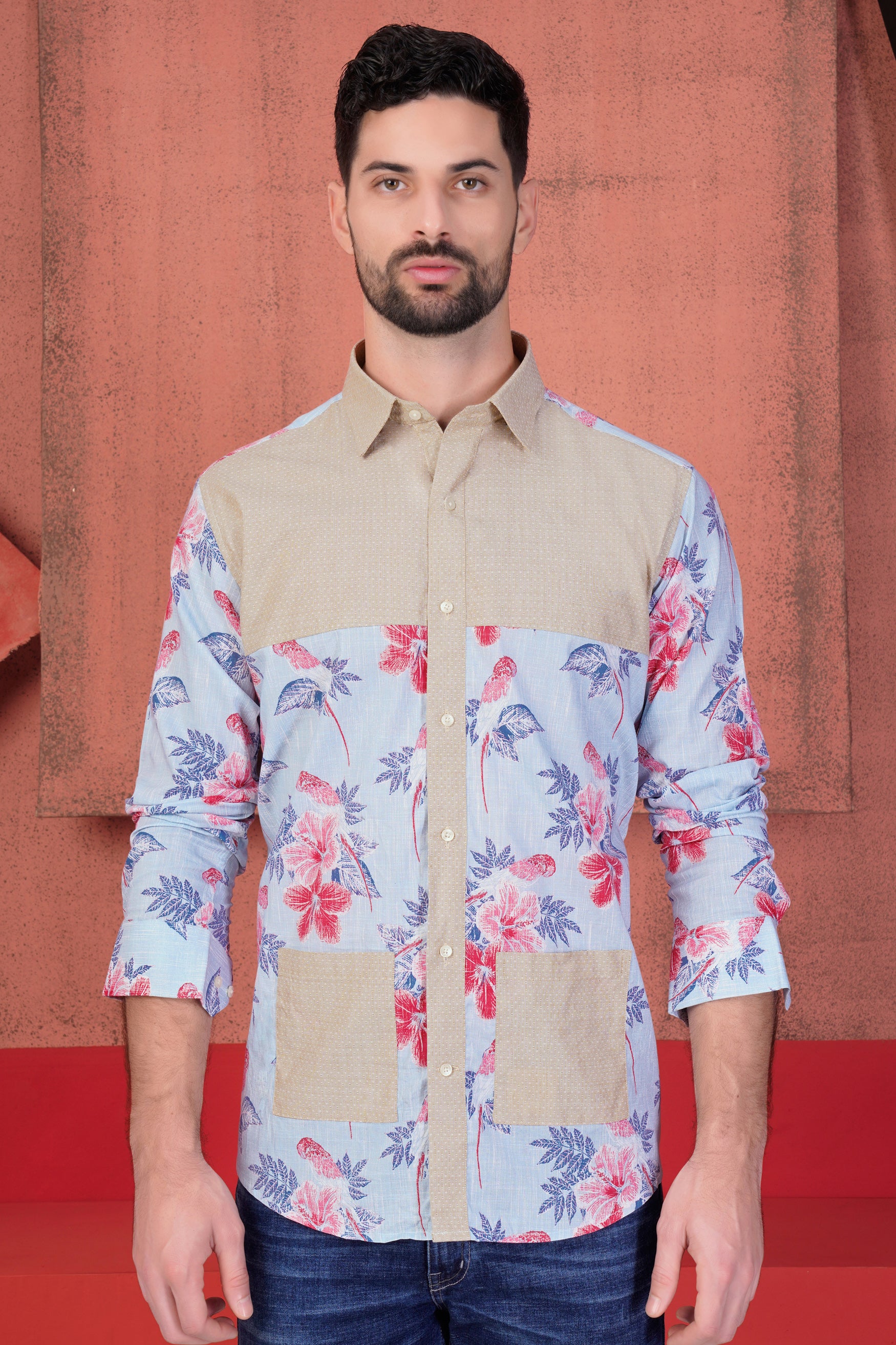 Rodeo Dust Brown and Malibu Blue Multicolour Floral Printed with King of Spades Patchwork Chambray Designer Shirt