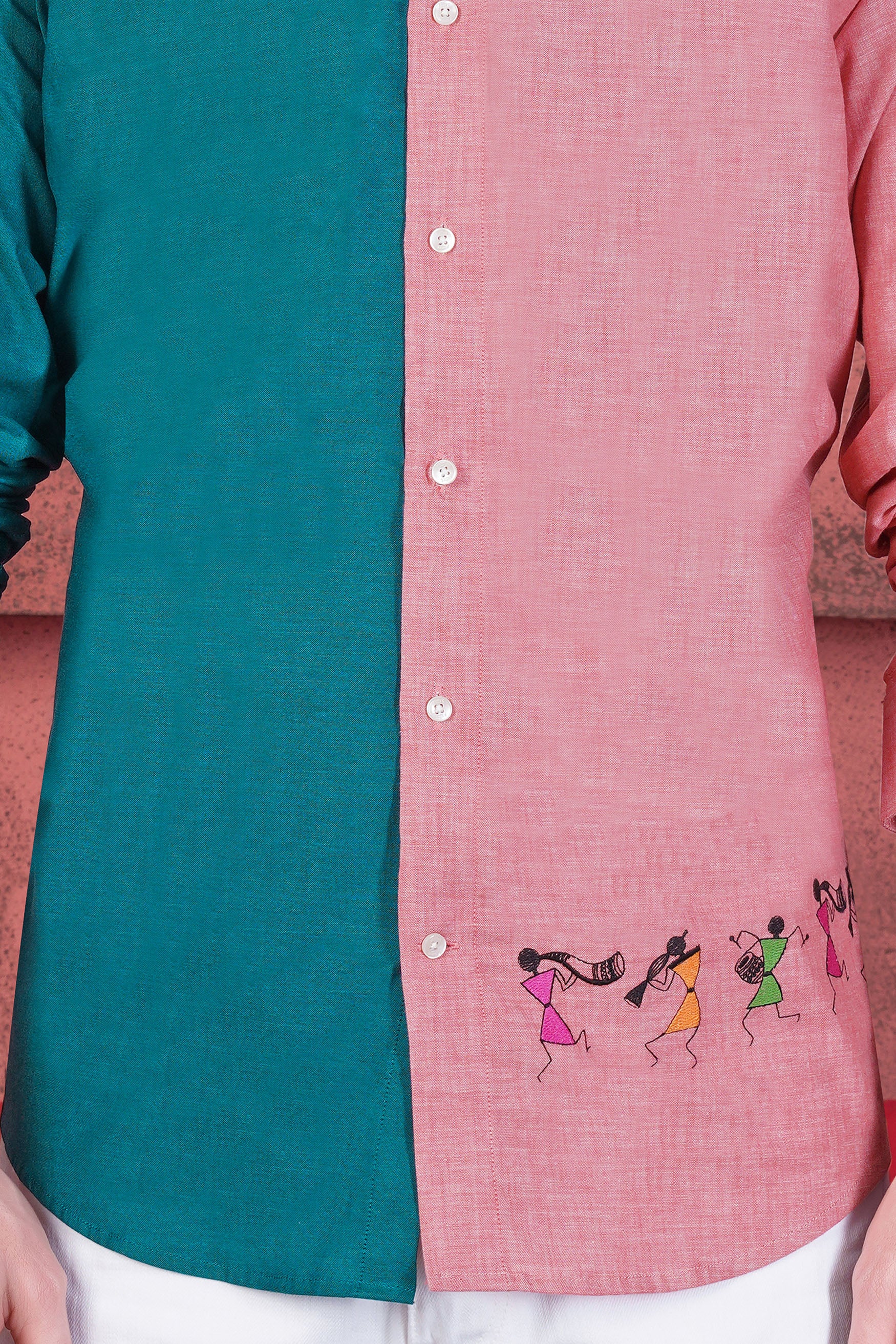 Sherpa Blue and Sunglo Pink Tribal Embroidered Royal Oxford Designer Shirt