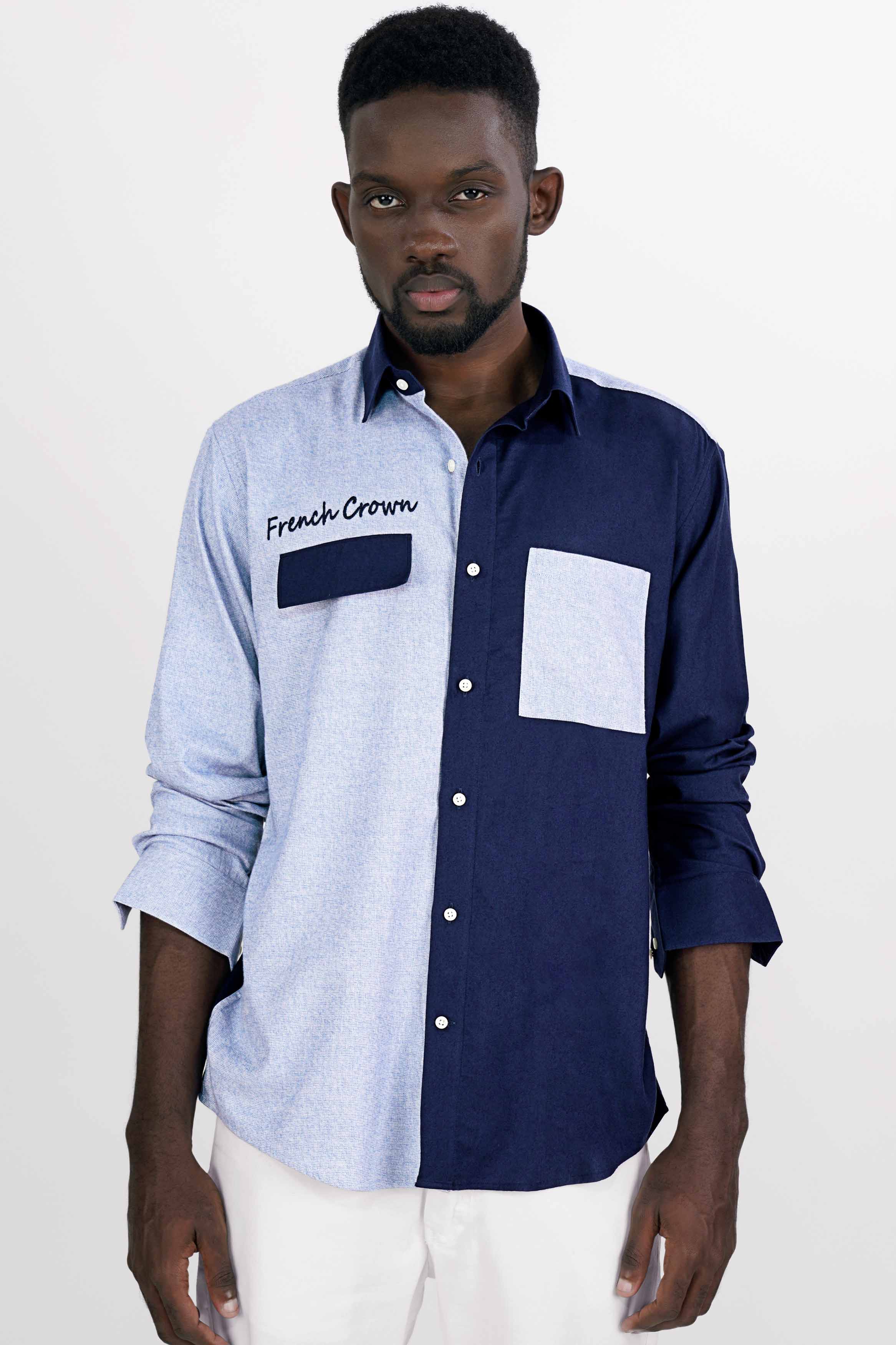 Half Platinum Blue and Half Firefly Blue Twill Premium Cotton Designer Signature Shirt
