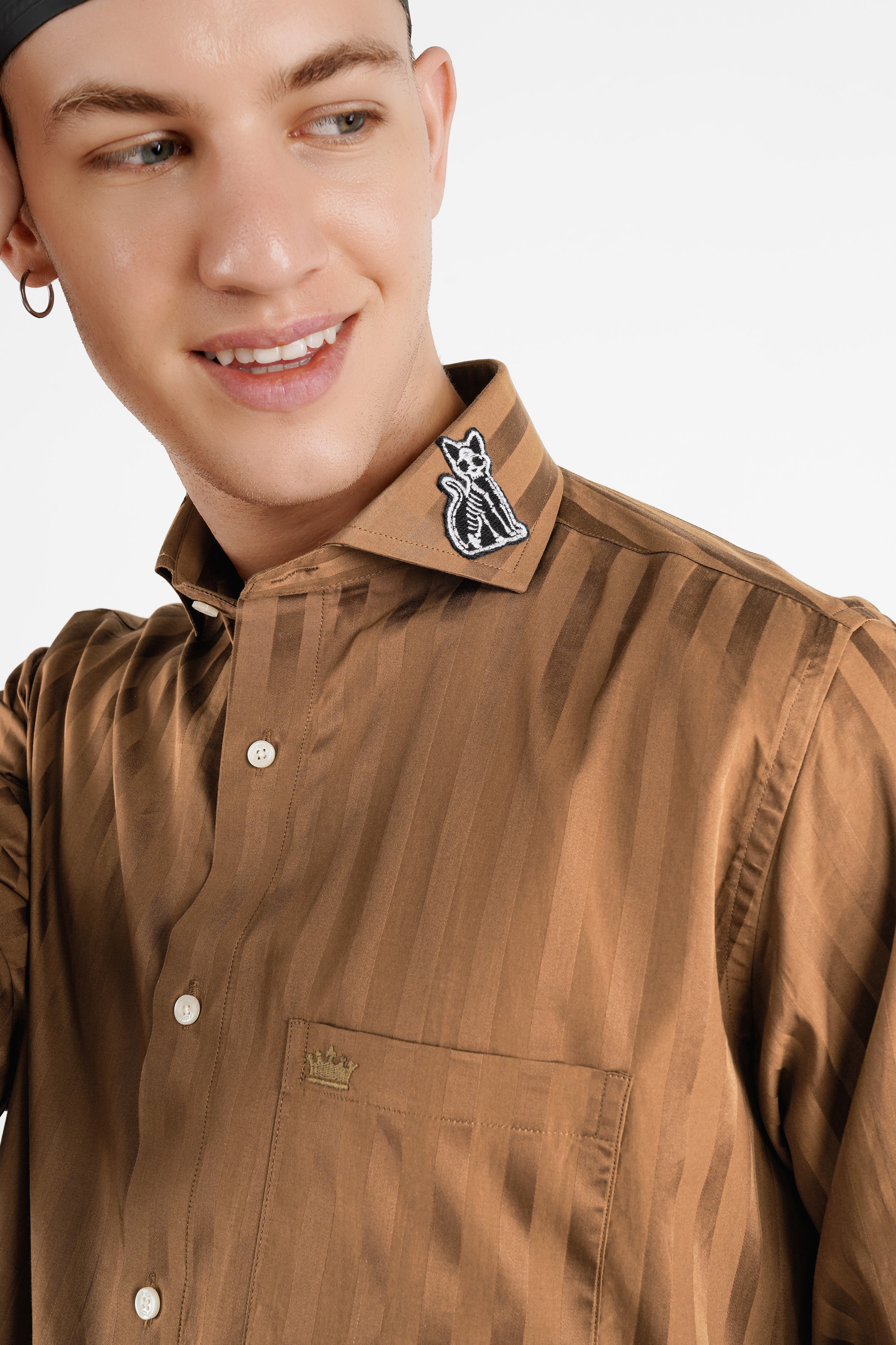 Dark Taupe Brown Striped with Embroidered Patchwork Super Soft Premium Cotton Designer Shirt