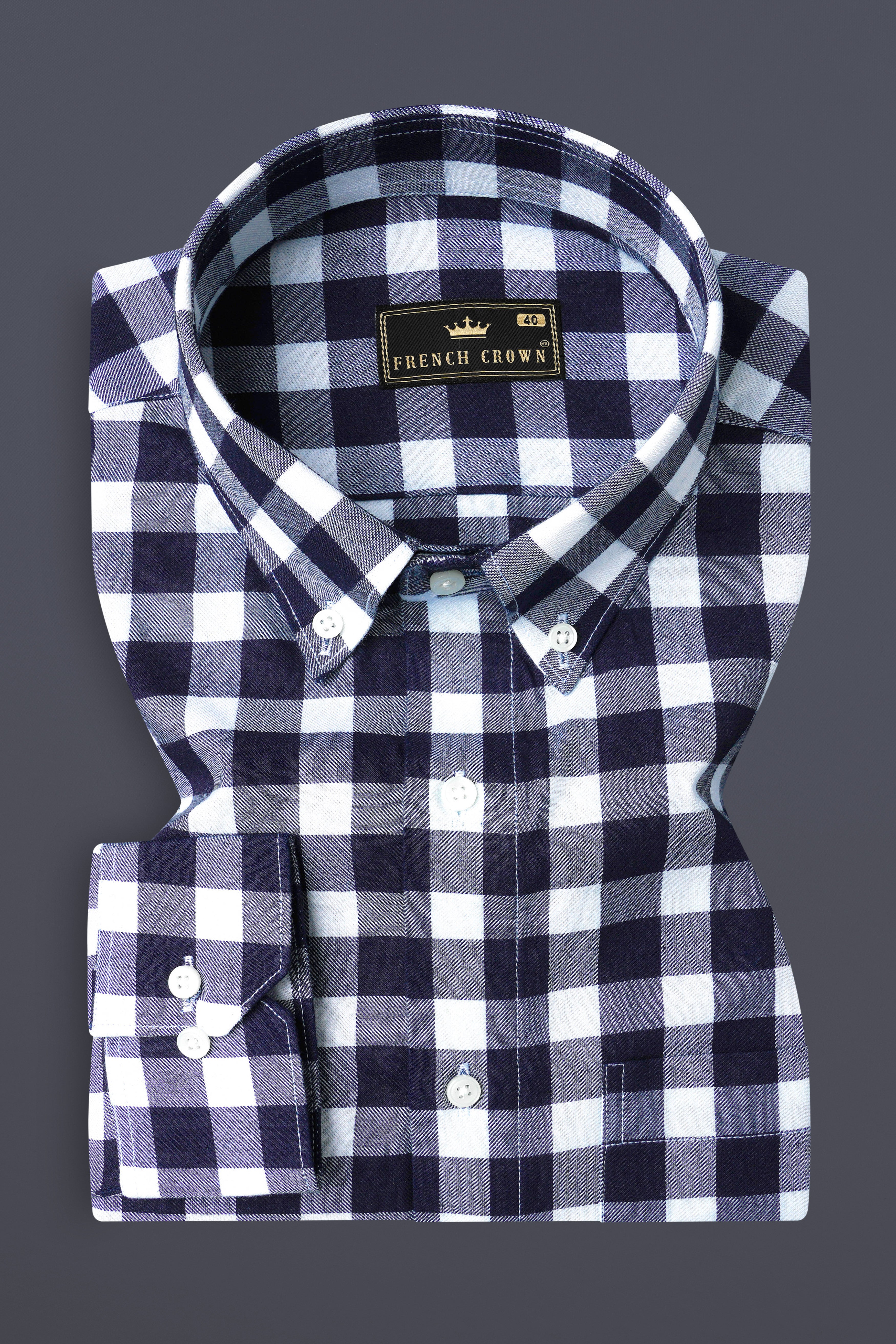 Bright White and Mirage Navy Blue Gingham Twill Premium Cotton Shirt