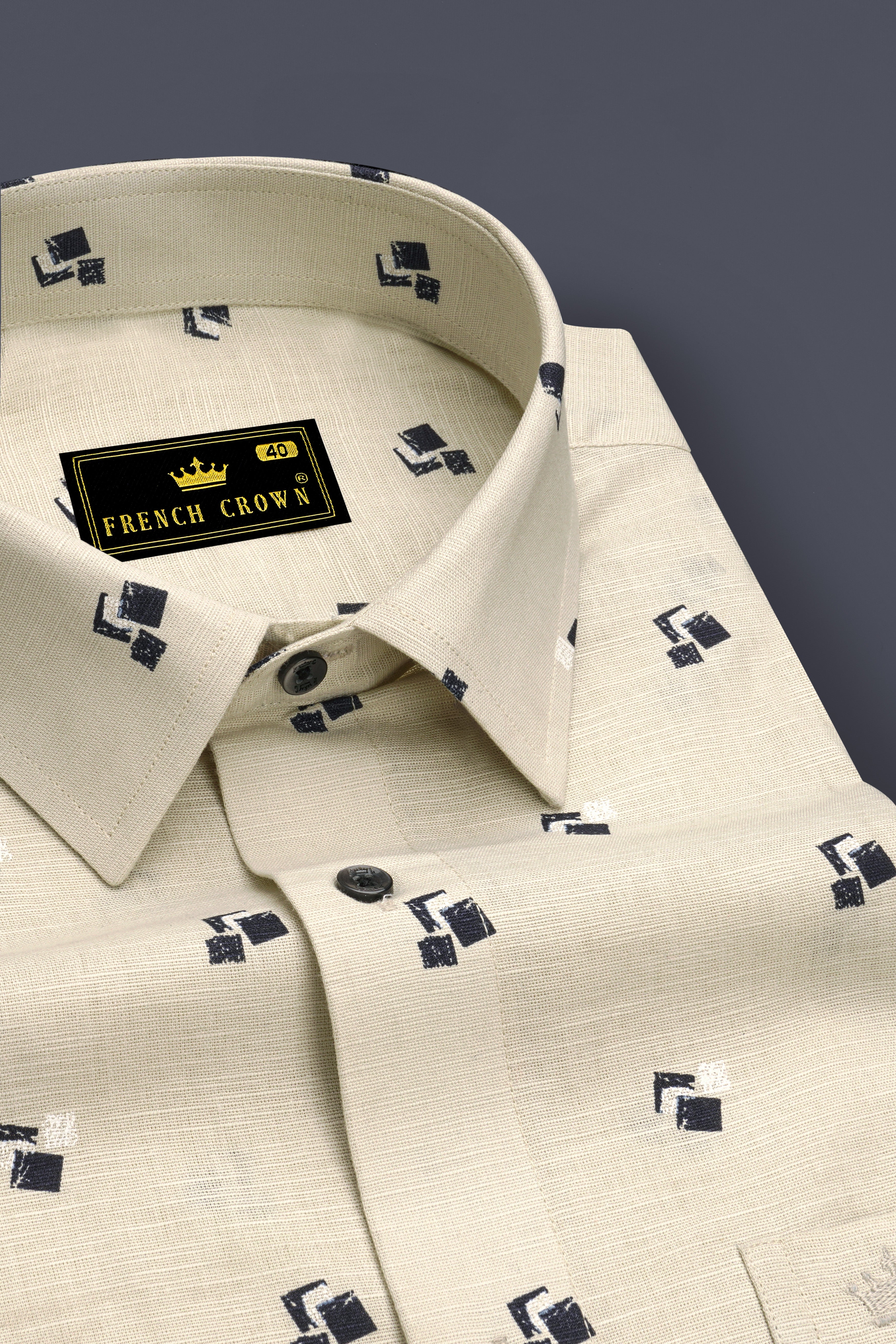 Egg Shell Cream Printed Luxurious Linen Shirt