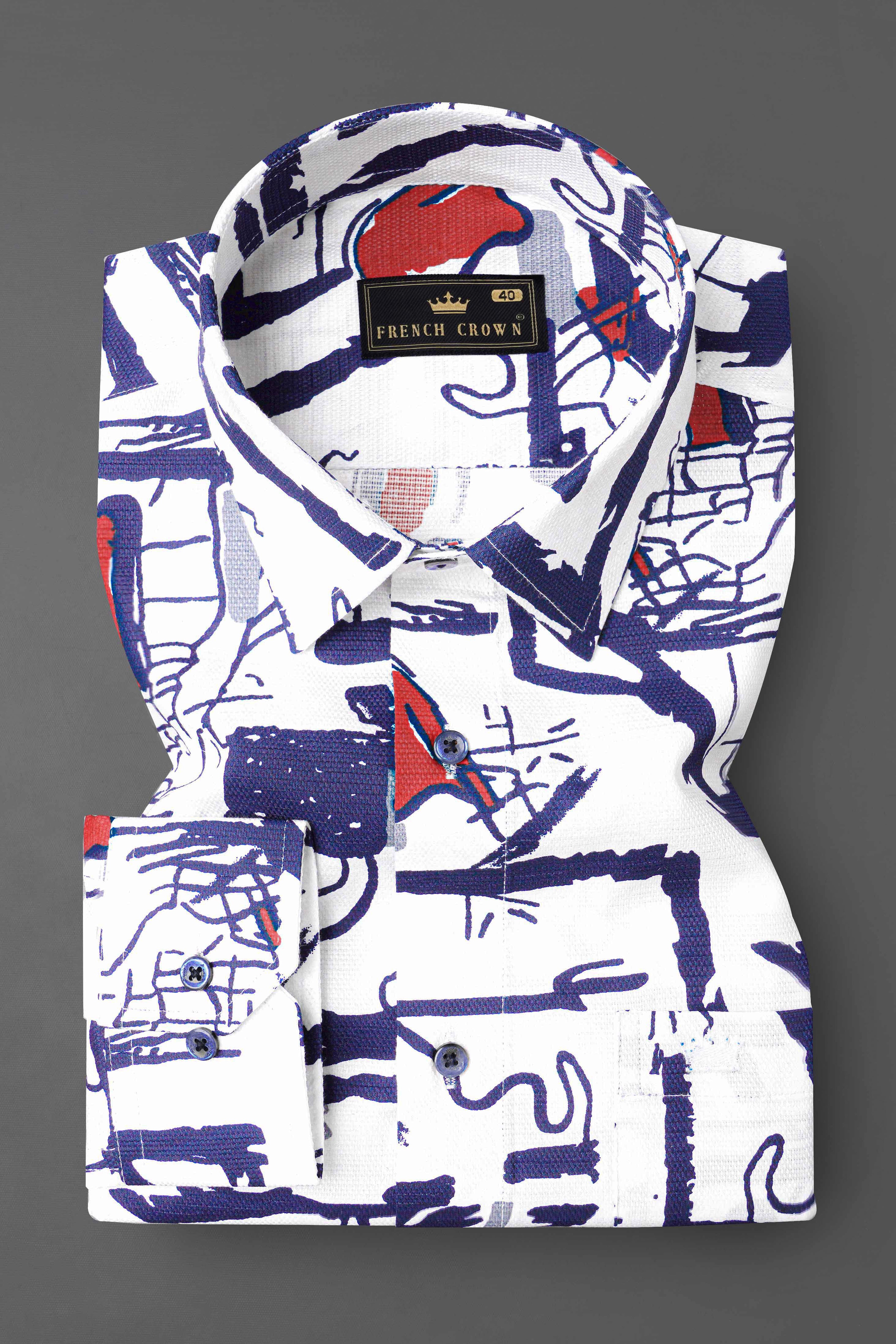 Bright White with Paris Navy Blue Abstract Printed Dobby Textured Premium Giza Cotton Shirt