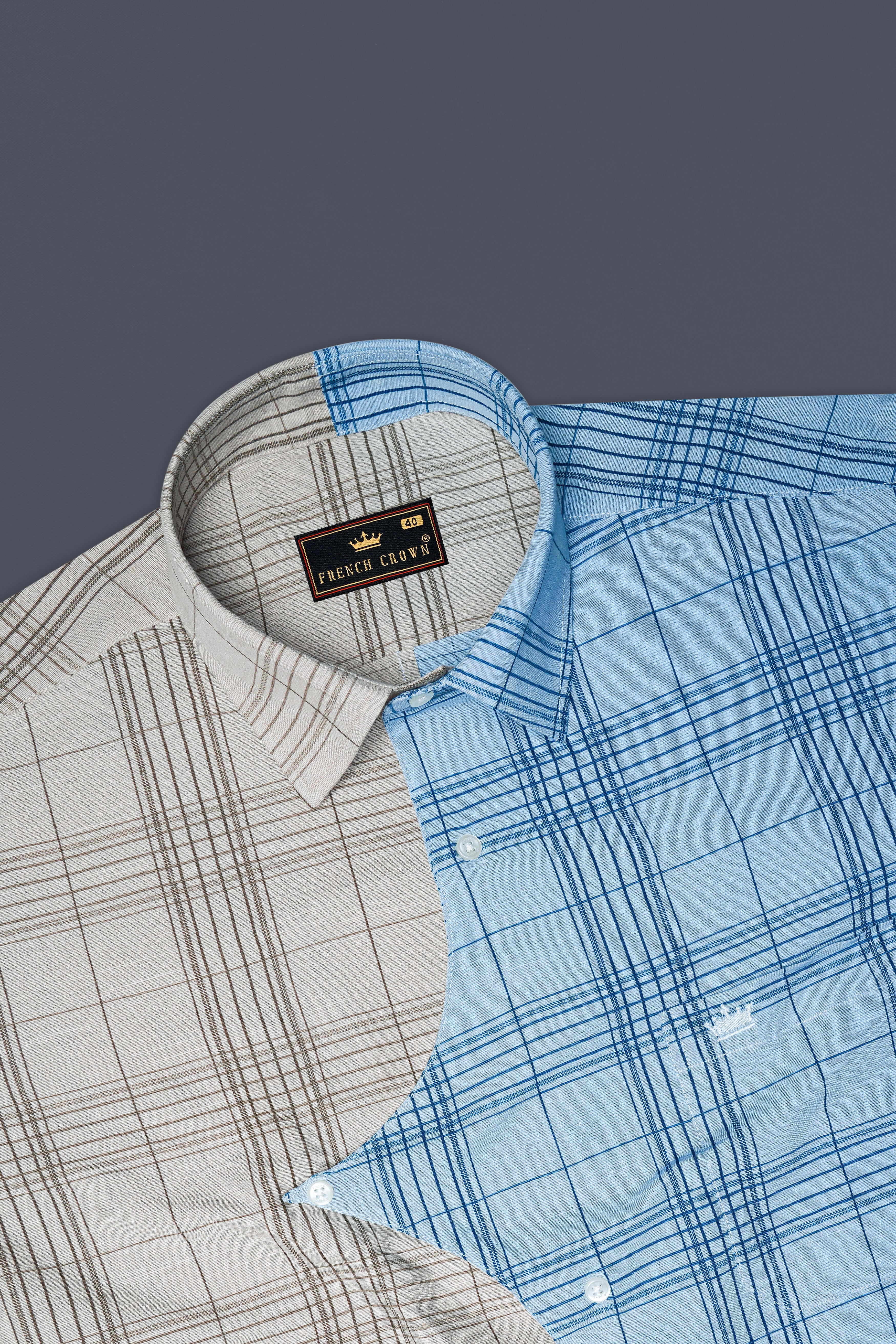 Vanilla Brown and Casper Sky Blue Plaid Luxurious Linen Designer Shirt