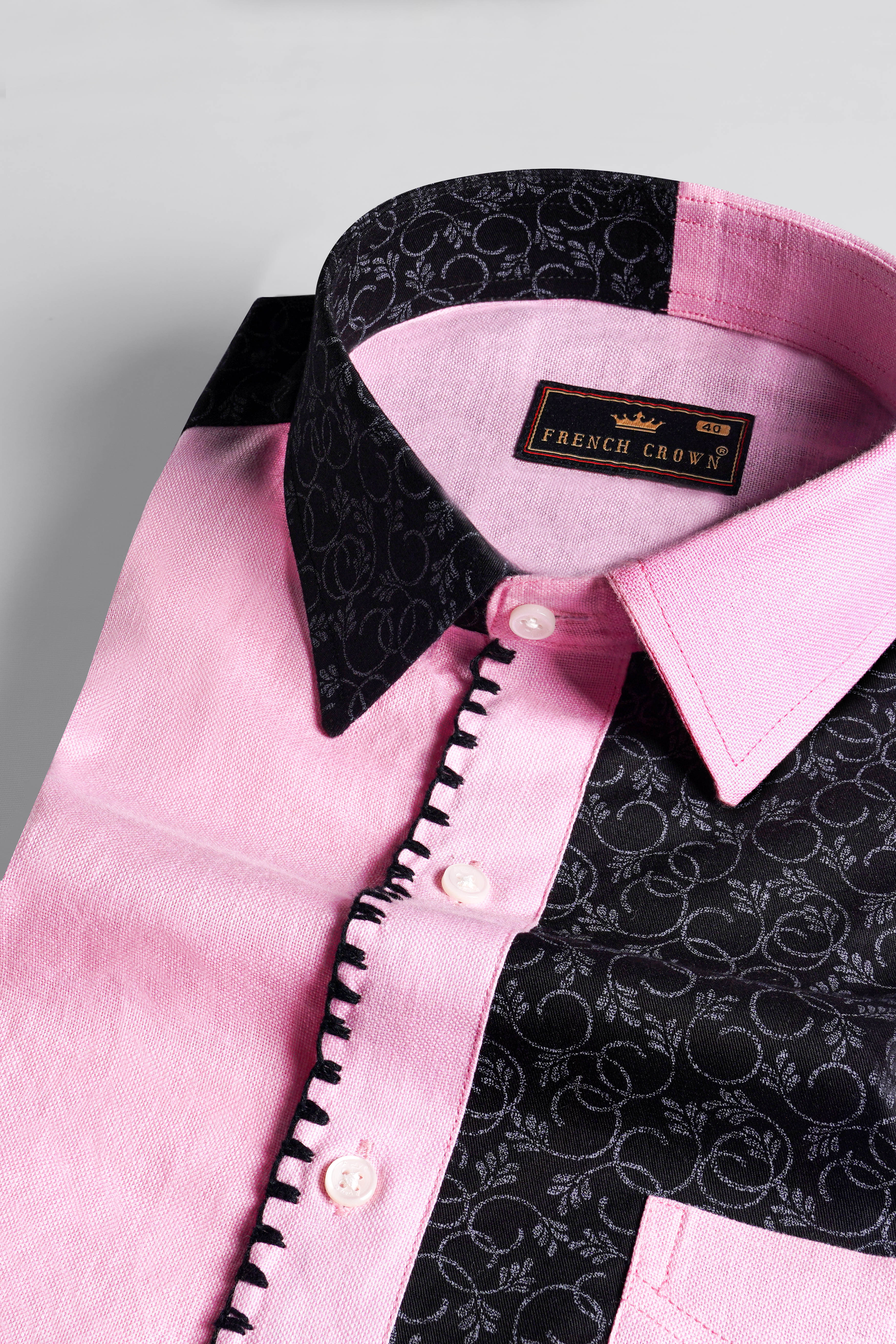 Chantilly Pink and Onyx Black Hand Embroidered Dobby Premium Giza Cotton Designer Shirt