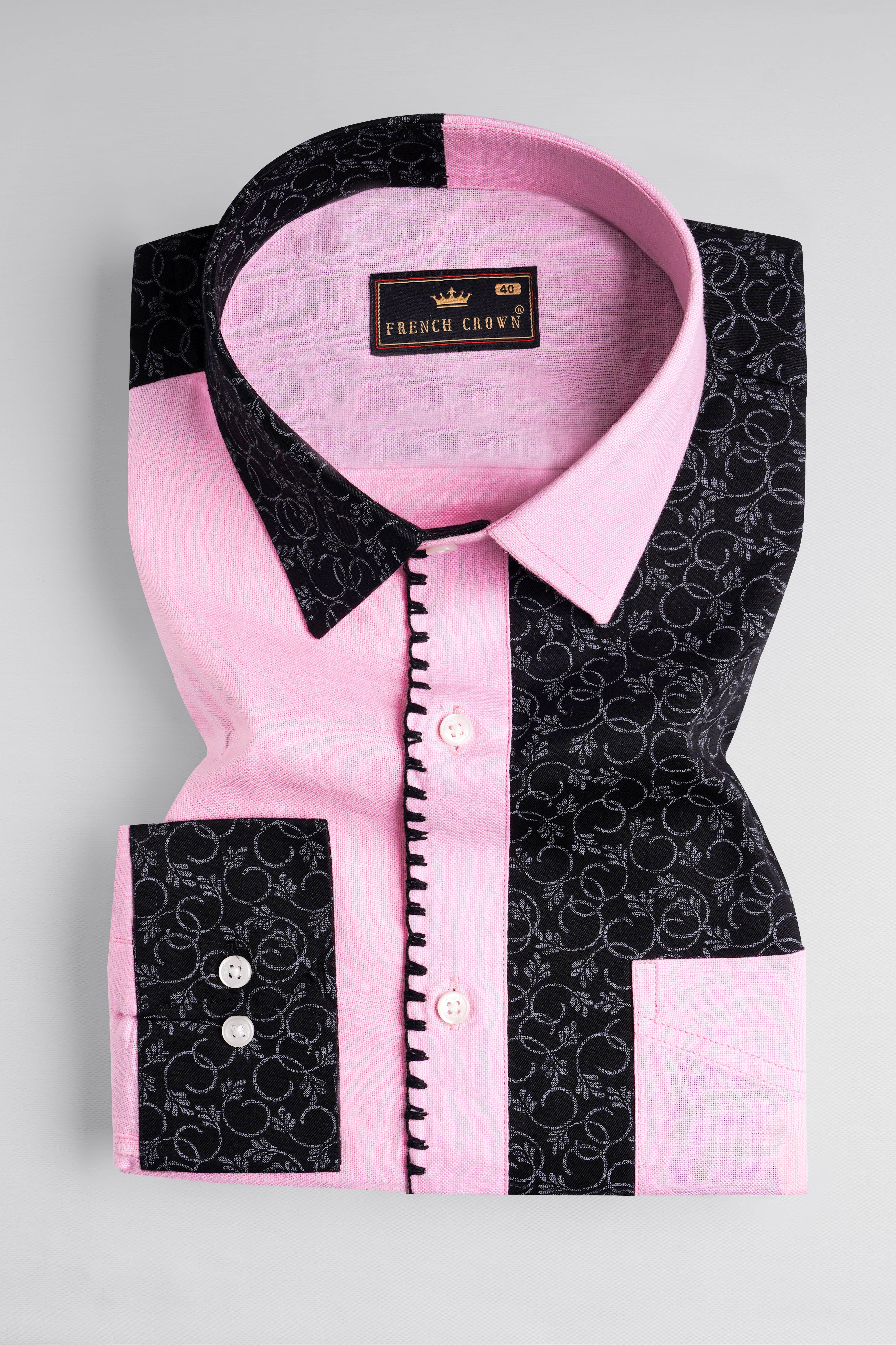 Chantilly Pink and Onyx Black Hand Embroidered Dobby Premium Giza Cotton Designer Shirt