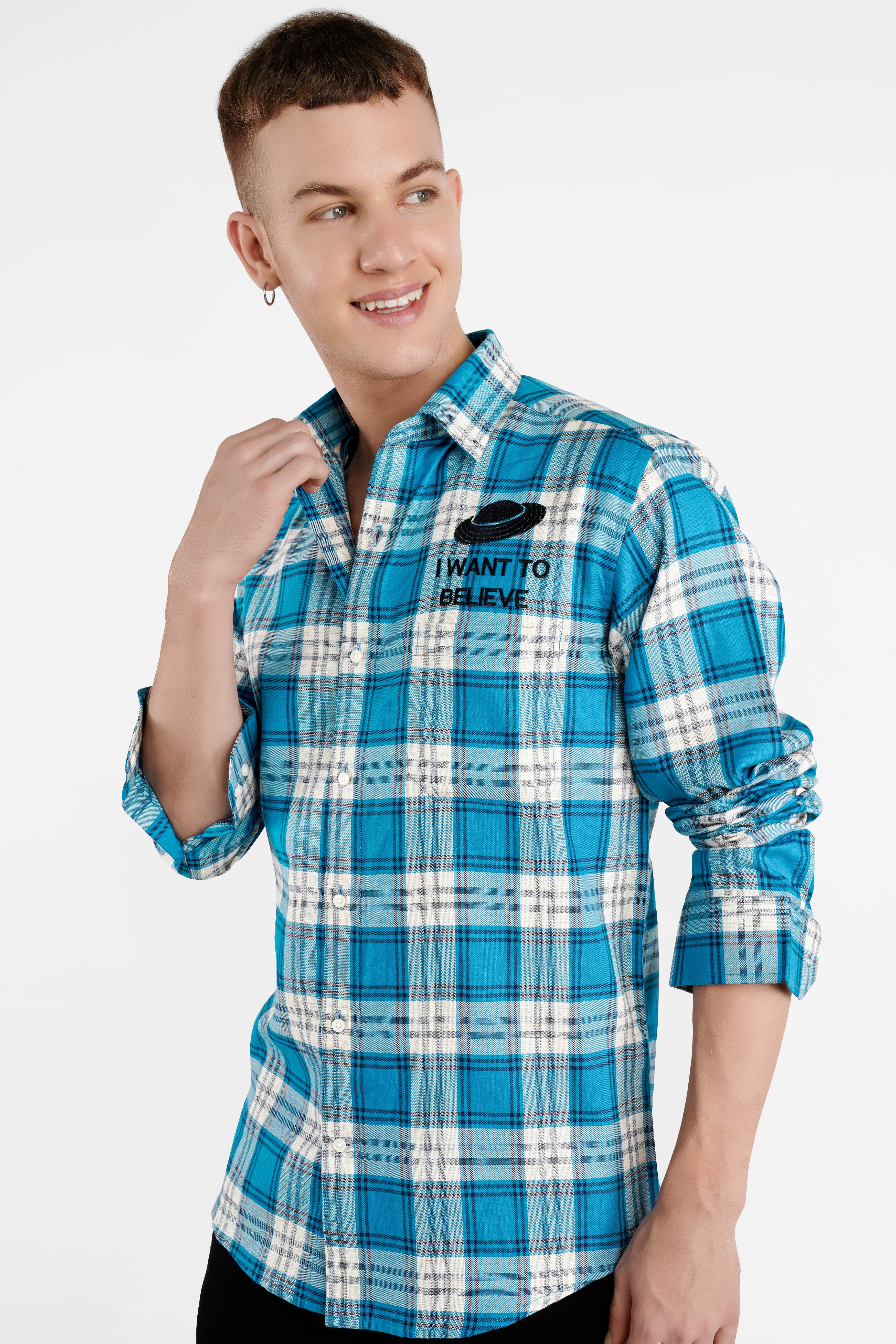 Ocean Blue and White Checkered with Embroidered Dobby Textured Designer Shirt