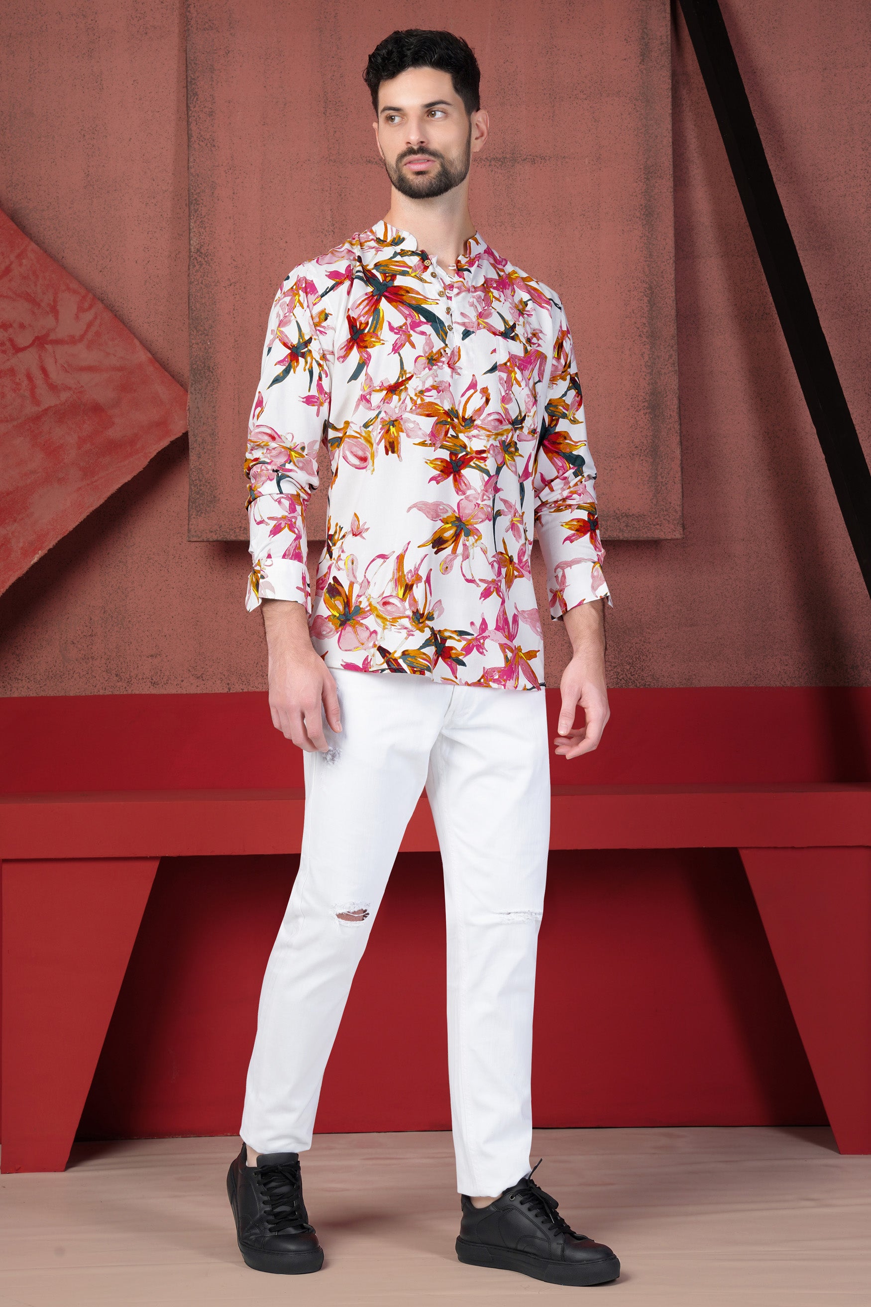 Bright White Multicolour Floral Printed with Patchwork Premium Tencel Designer Kurta Shirt