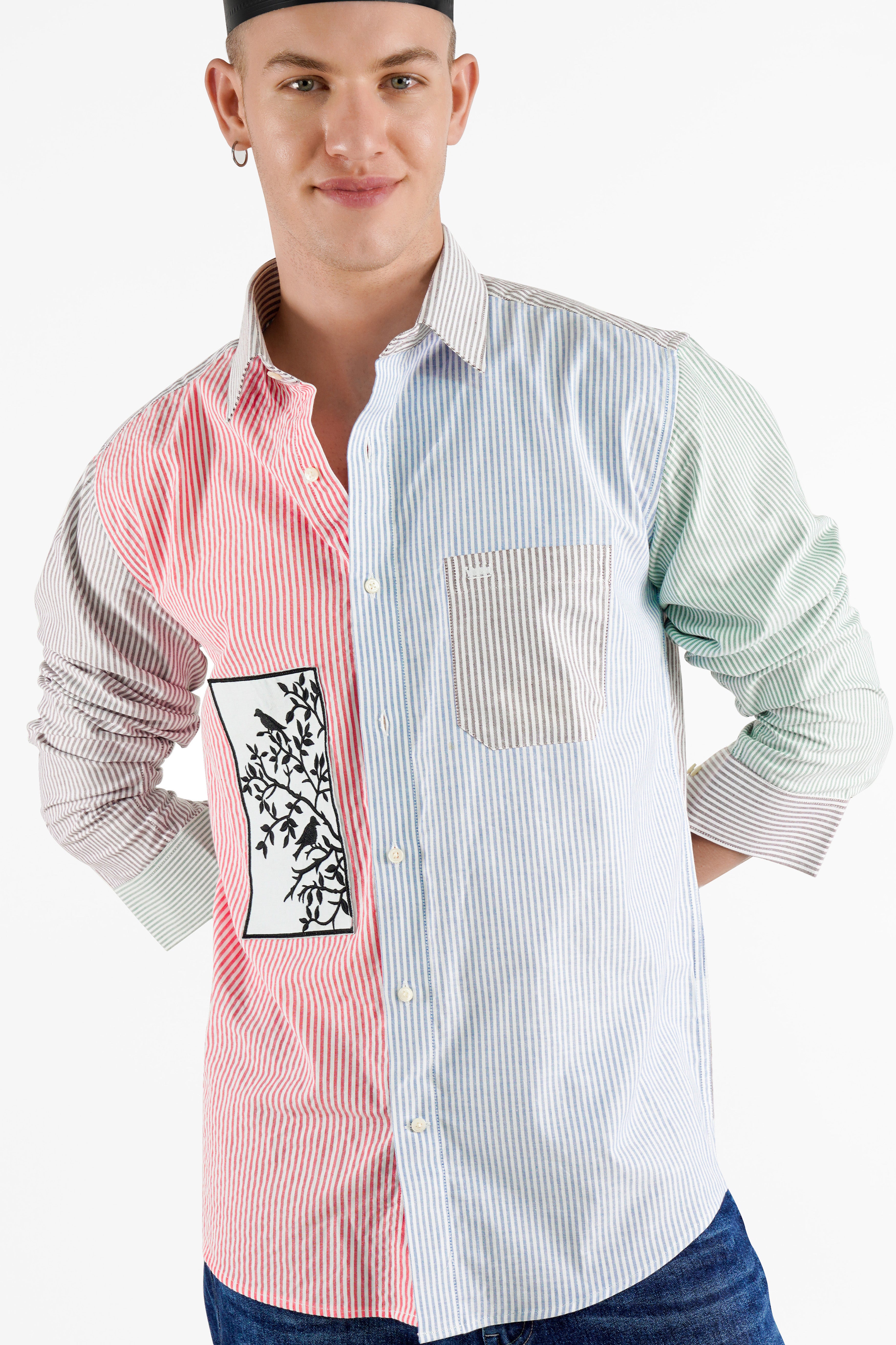 Blush Pink with Cerulean Blue Striped with Embroidered Patchwork Premium Cotton Designer Shirt