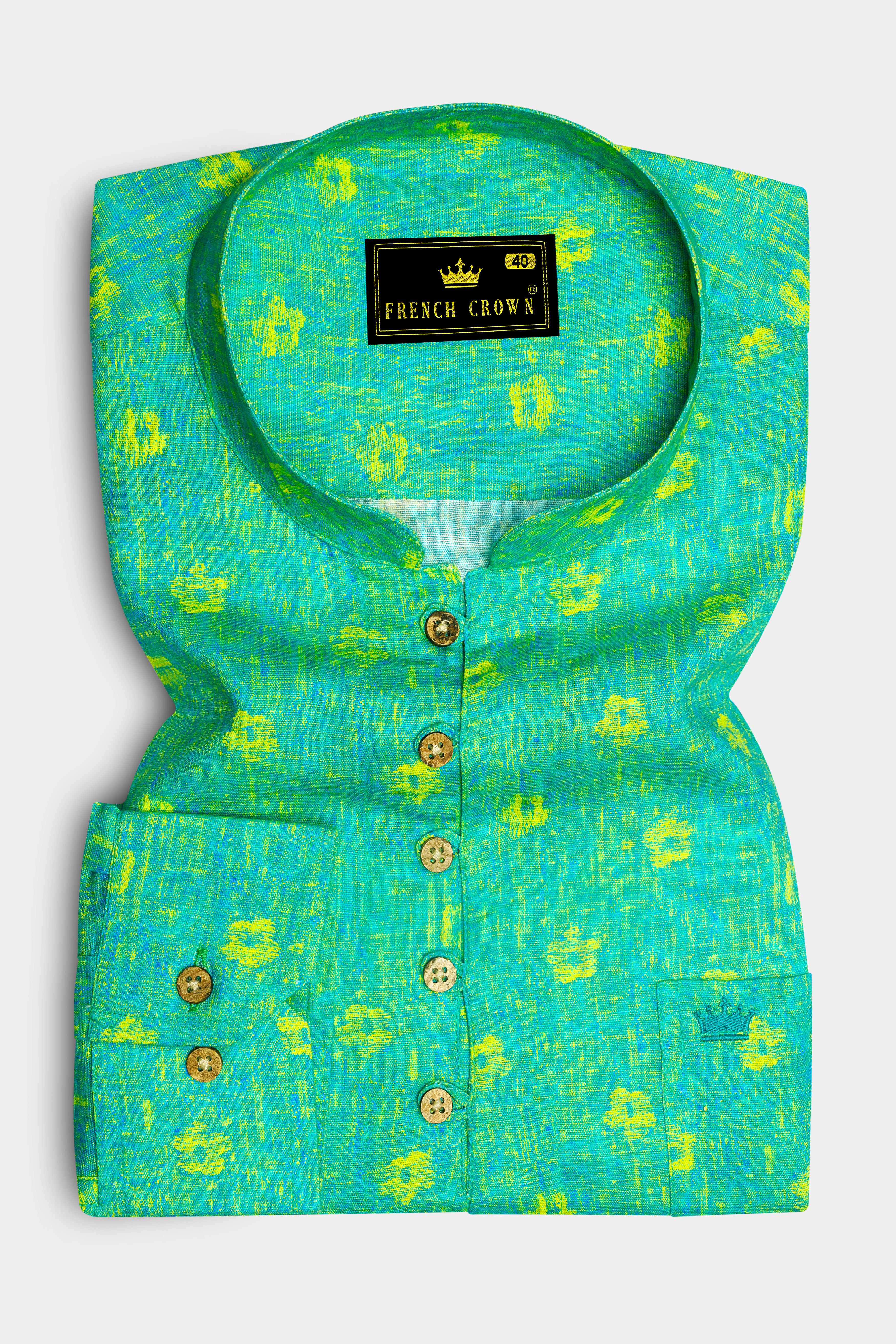 Turquoise Aqua Green Printed Luxurious Linen Kurta Shirt