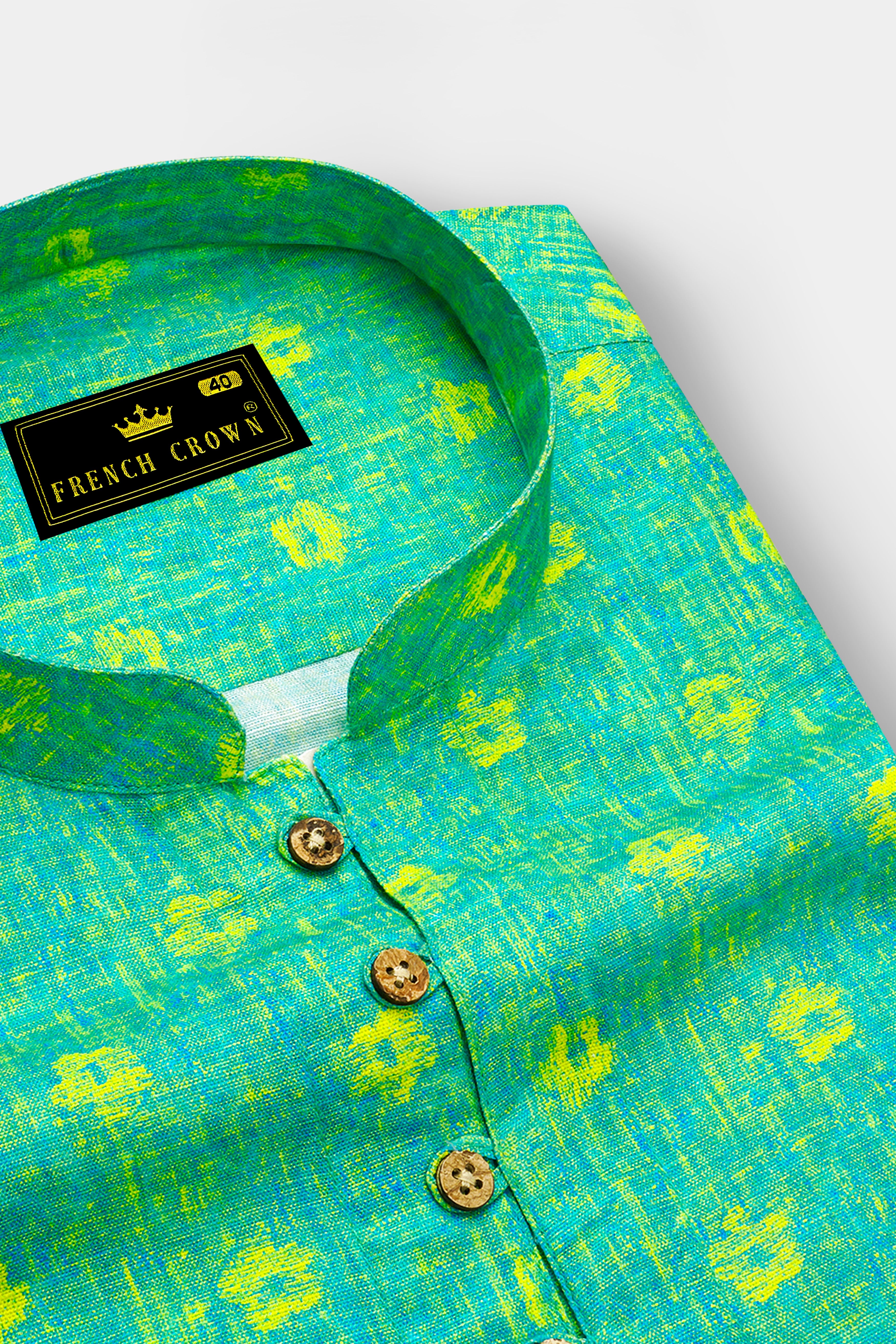 Turquoise Aqua Green Printed Luxurious Linen Kurta Shirt