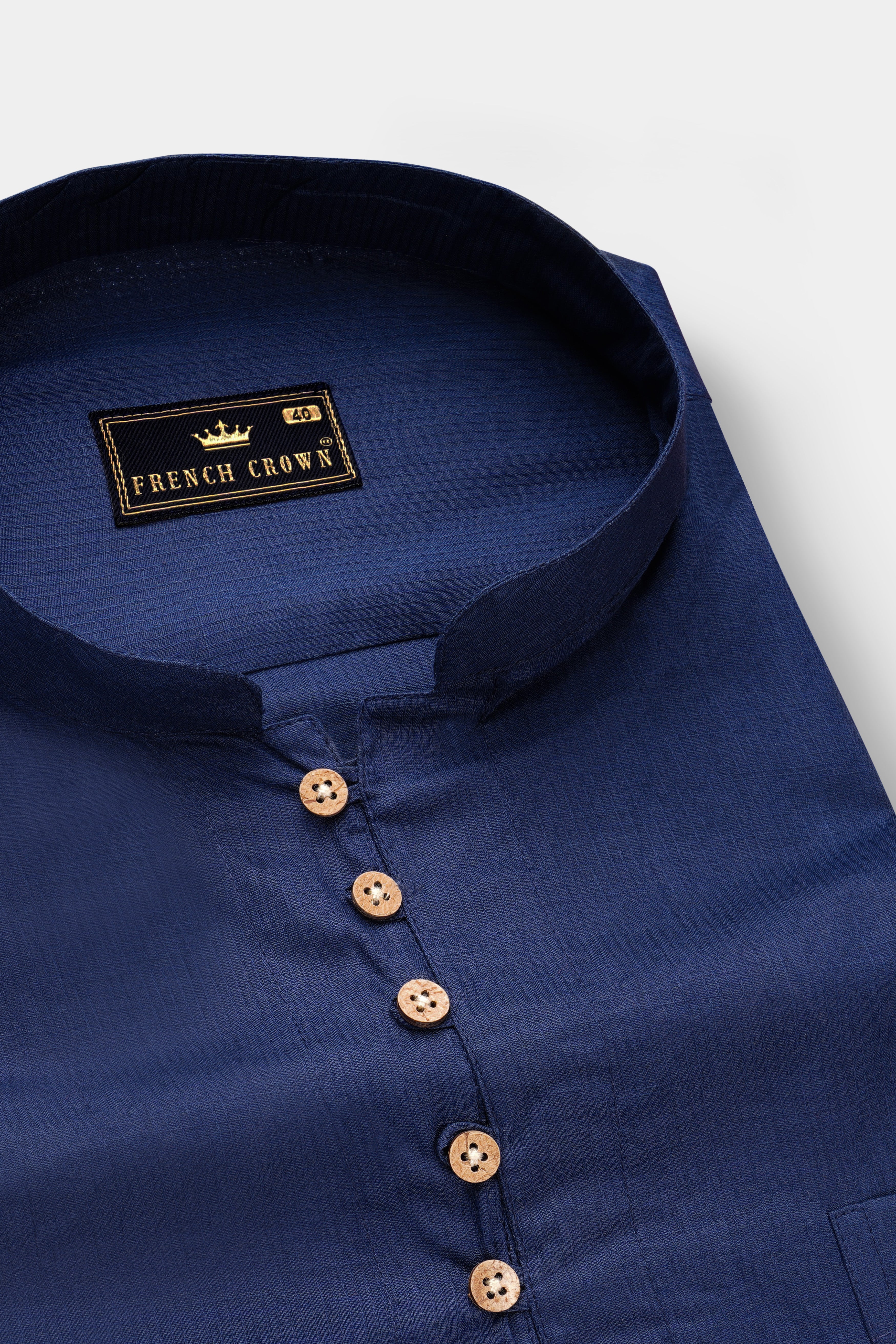 Ebony Clay Navy Blue Dobby Textured Premium Giza Cotton Kurta Shirt