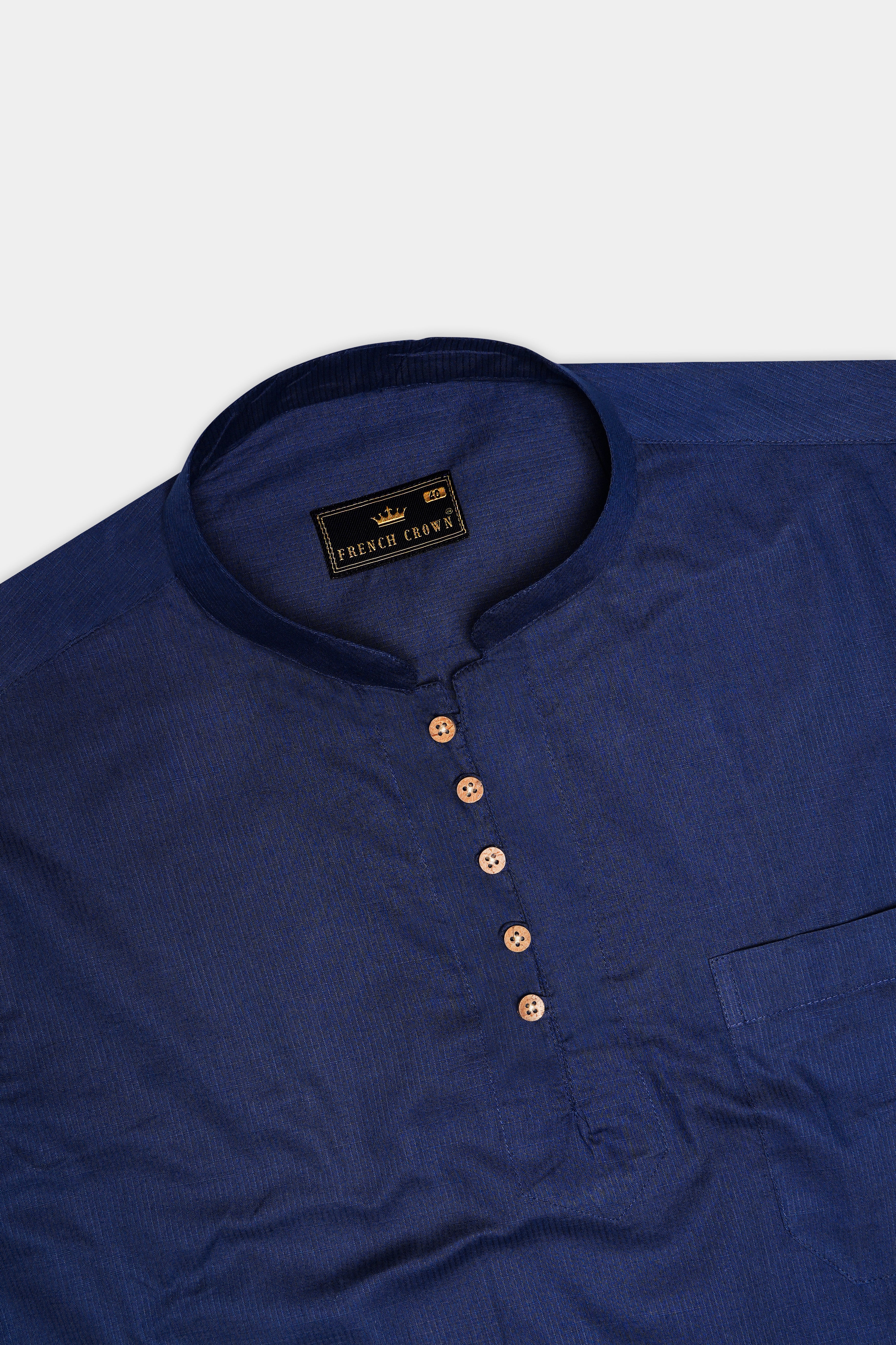 Ebony Clay Navy Blue Dobby Textured Premium Giza Cotton Kurta Shirt
