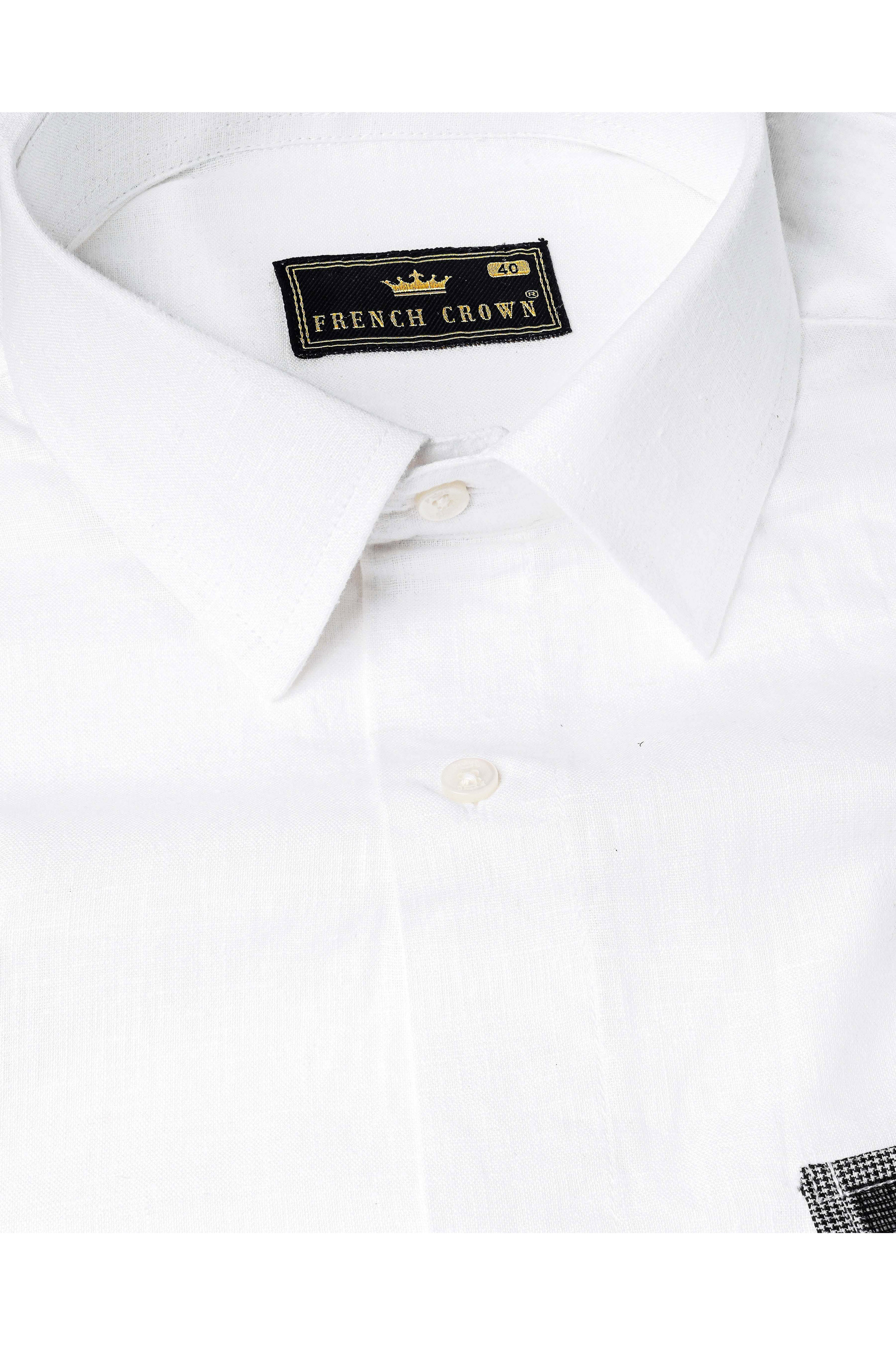 Bright White with Black French Crown Embroidered Luxurious Linen Designer Shirt