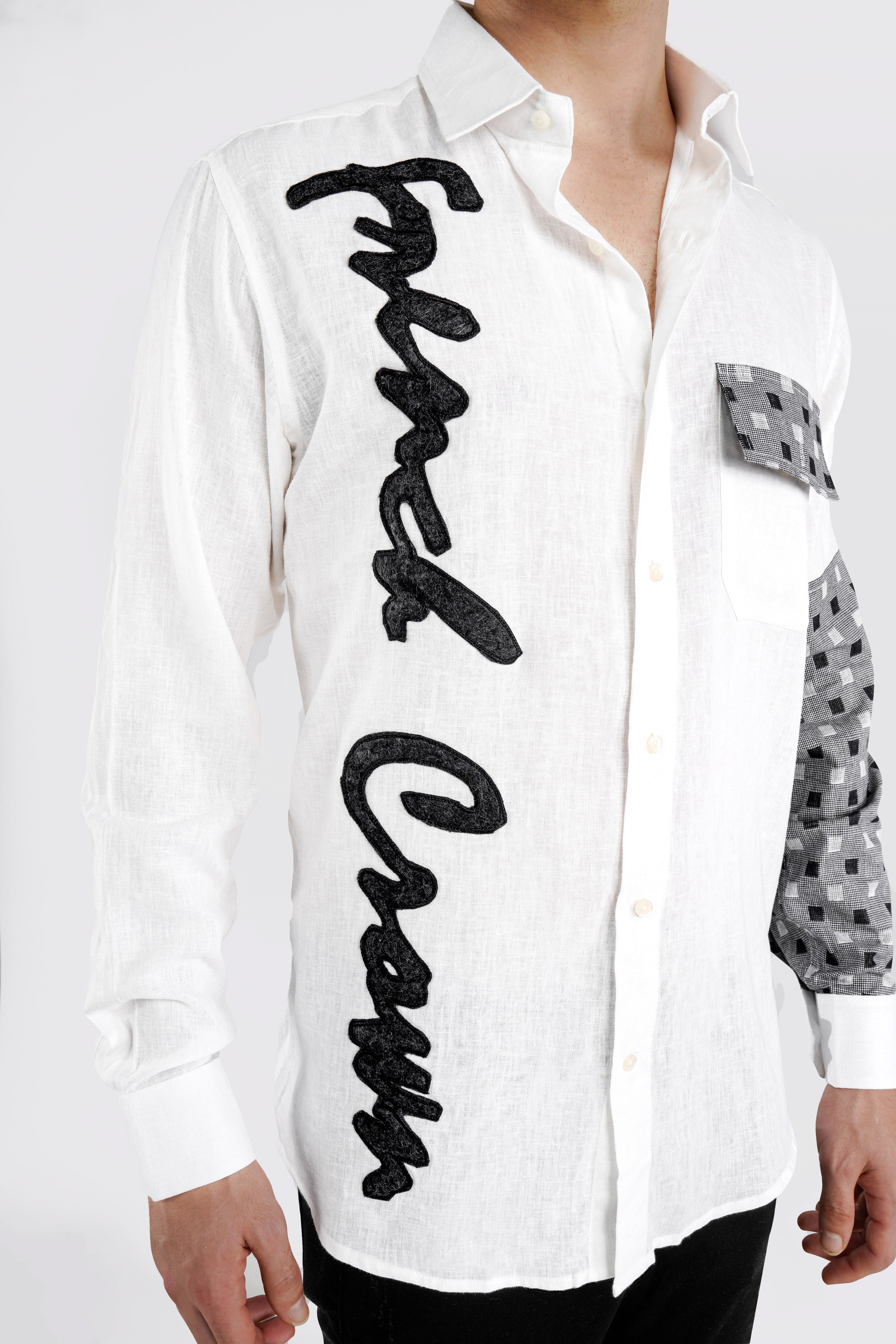 Bright White with Black Brand Embroidered Luxurious Linen Designer Shirt